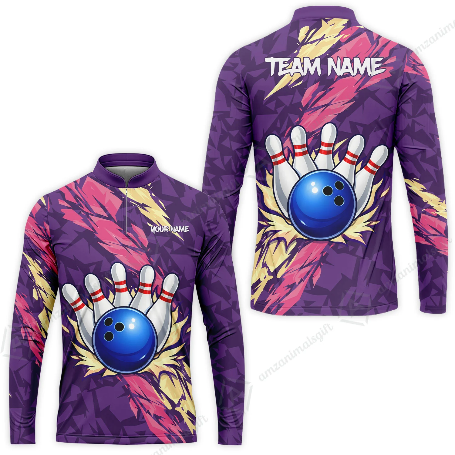 Custom Bowling Team Unisex Polo Shirt, Ion Max Bowling Ball Purple Fire Strike Design for Bowlers - Image 5
