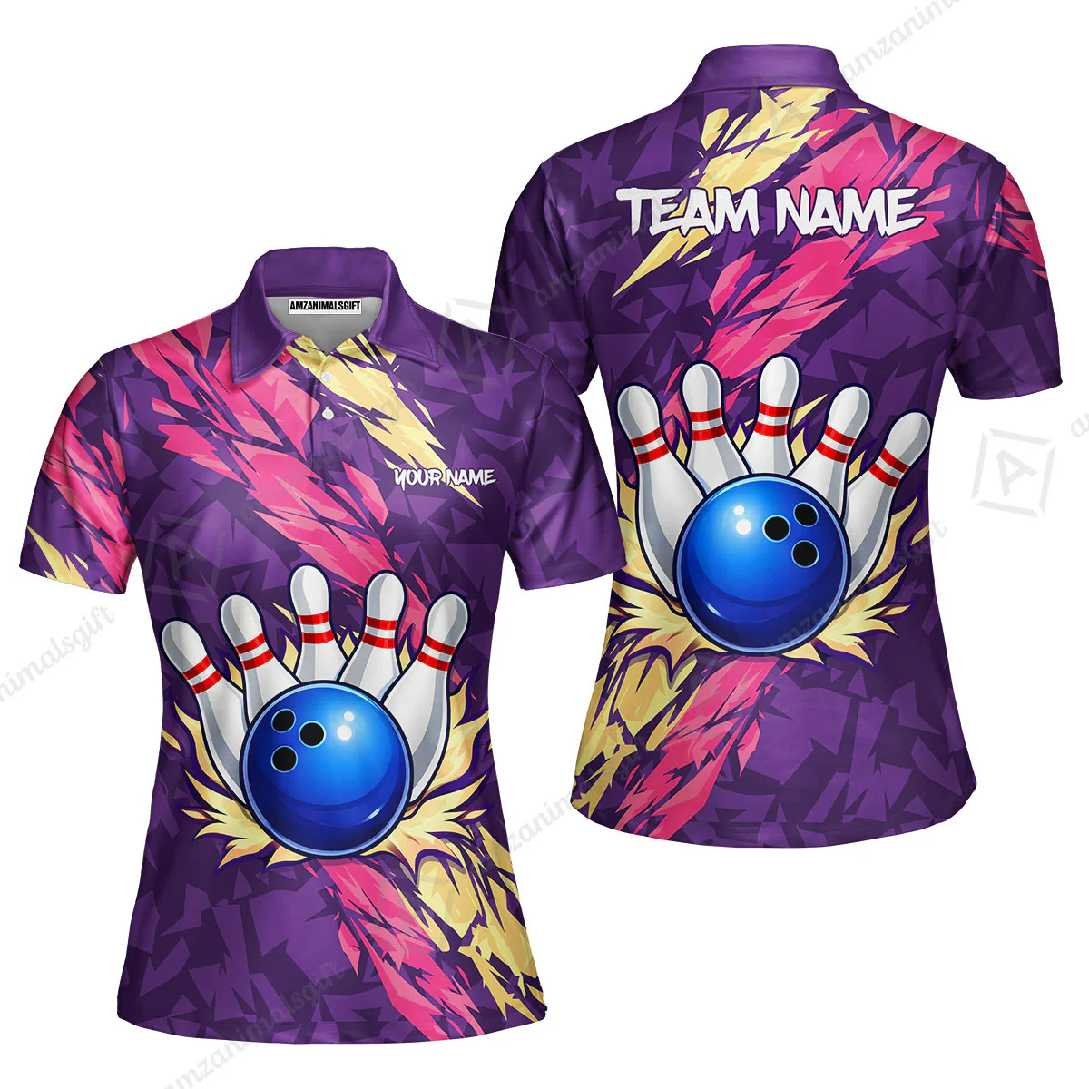 Custom Bowling Team Unisex Polo Shirt, Ion Max Bowling Ball Purple Fire Strike Design for Bowlers - Image 7