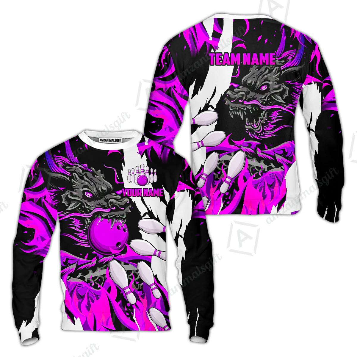 Custom Bowling Team Sweatshirt, Bowling uniforms Ball & Pins Dragon Flame Pattern Personalized Name And Team Name - Image 5