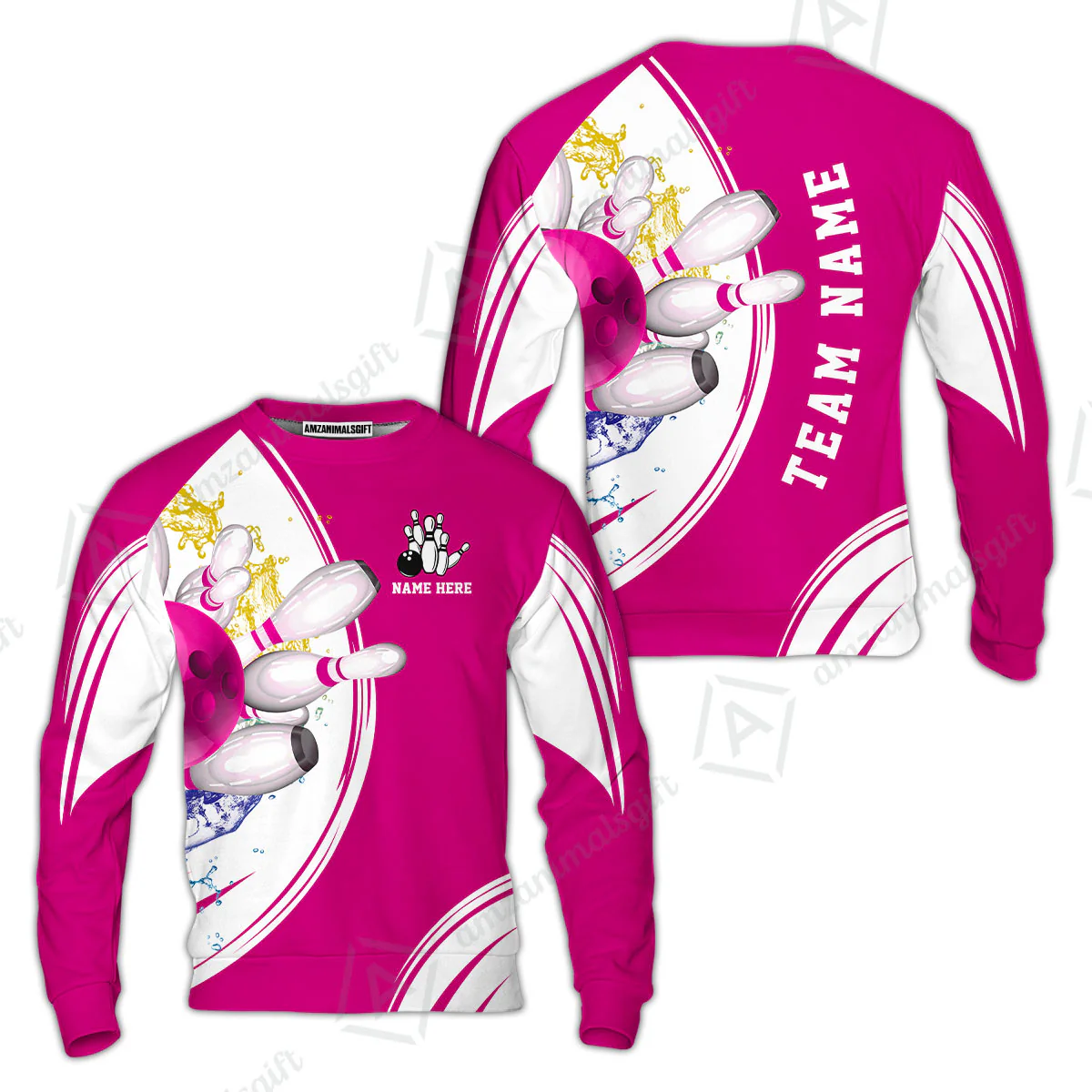 Custom Bowling Team Sweatshirt, Custom Cyan Red Blue Bowling Uniforms Jerseys, Personalized Name And Team Name - Image 2