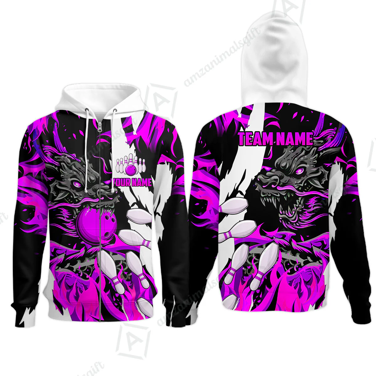 Custom Bowling Team Zip Hoodie, Bowling uniforms Ball & Pins Dragon Flame Pattern Personalized Name And Team Name - Image 4