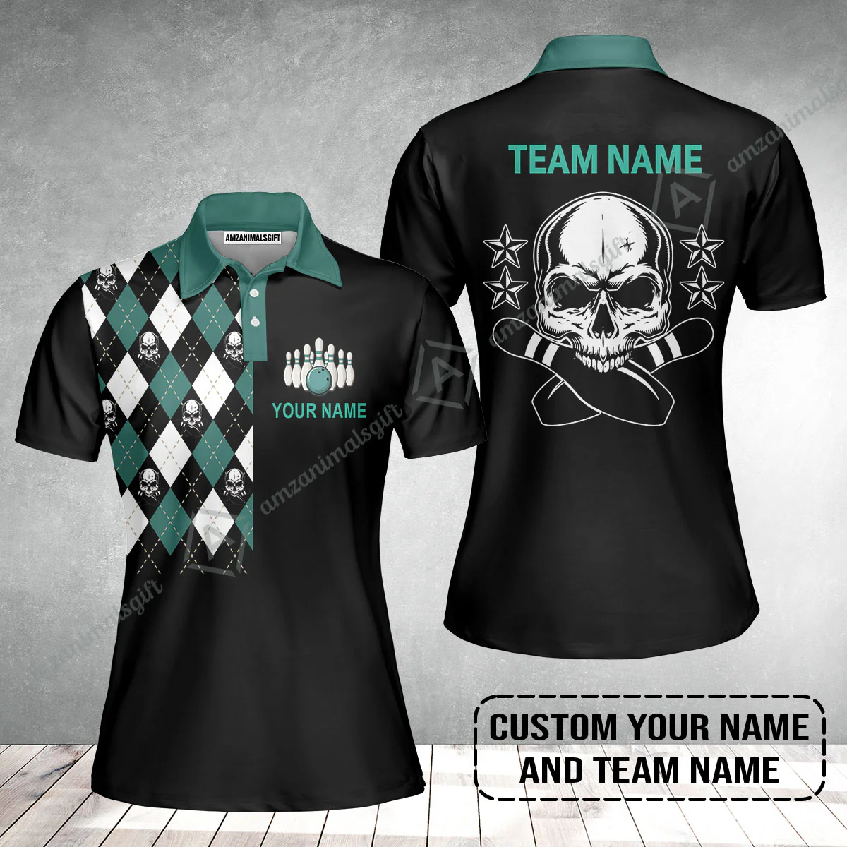 Custom Bowling Women Polo Shirt - Custom Name Skull Black Bowling Personalized Women Polo Shirt - Image 2