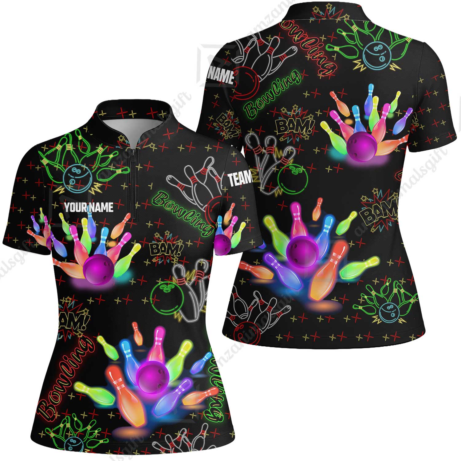 Custom Colorful Neon Bowling Team Jerseys Polo Shirts, Bowling uniforms, Funny Bowling Ball Colorful Neon Bowling Personalized Name And Team Name - Image 12