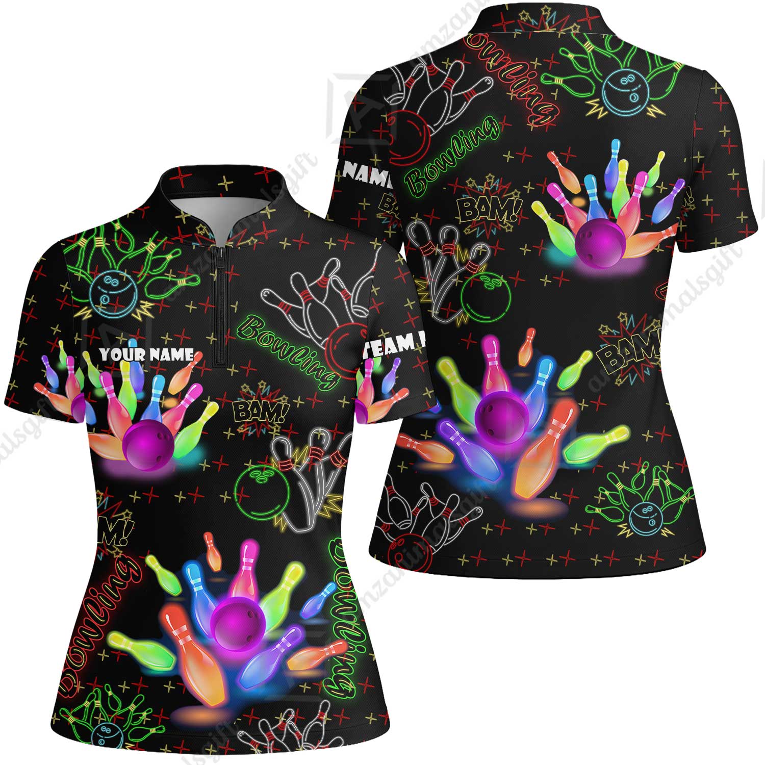 Custom Colorful Neon Bowling Team Jerseys Polo Shirts, Bowling uniforms, Funny Bowling Ball Colorful Neon Bowling Personalized Name And Team Name - Image 13
