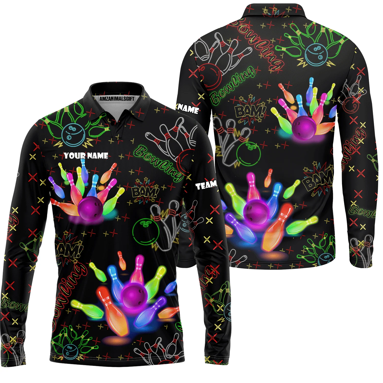 Custom Colorful Neon Bowling Team Jerseys Polo Shirts, Bowling uniforms, Funny Bowling Ball Colorful Neon Bowling Personalized Name And Team Name - Image 4