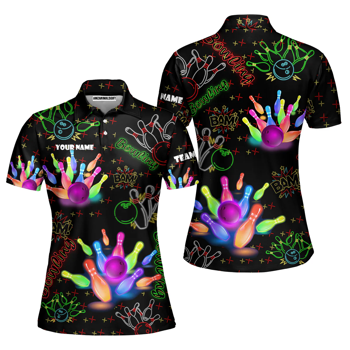 Custom Colorful Neon Bowling Team Jerseys Polo Shirts, Bowling uniforms, Funny Bowling Ball Colorful Neon Bowling Personalized Name And Team Name - Image 7