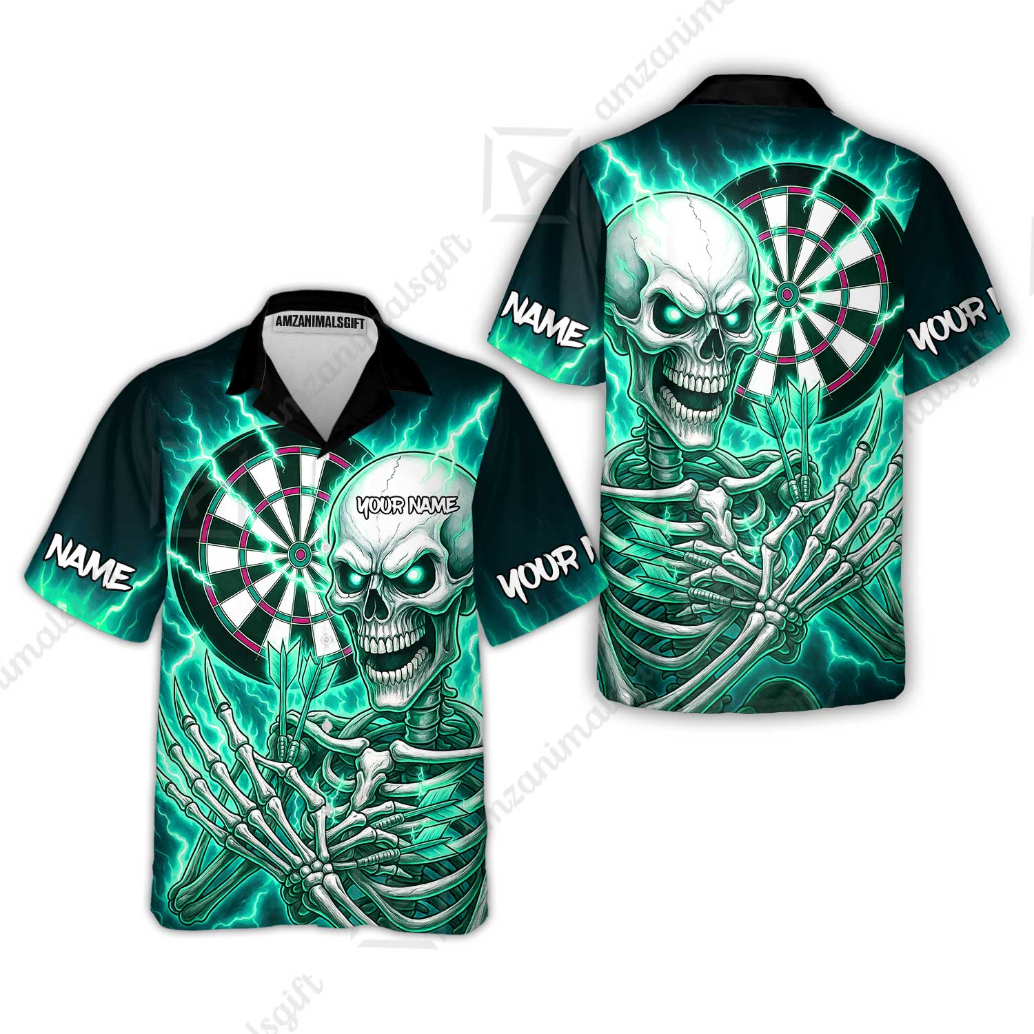 Custom Darts Team Hawaiian Shirt, Dartboard Electric Skeleton Darts Jersey Hawaiian Shirt, Custom Darts Uniforms Jersey - Image 3