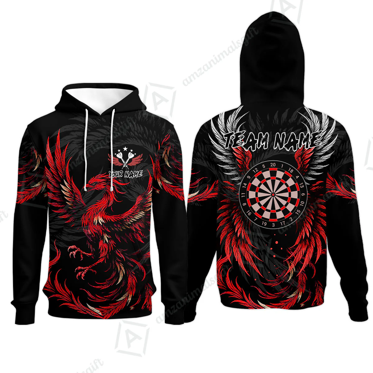 Custom Darts Team Hoodie, Phoenix Dartboard Wings Darts Jersey Hoodie, Custom Name And Team Name Darts Uniforms Jersey - Image 2
