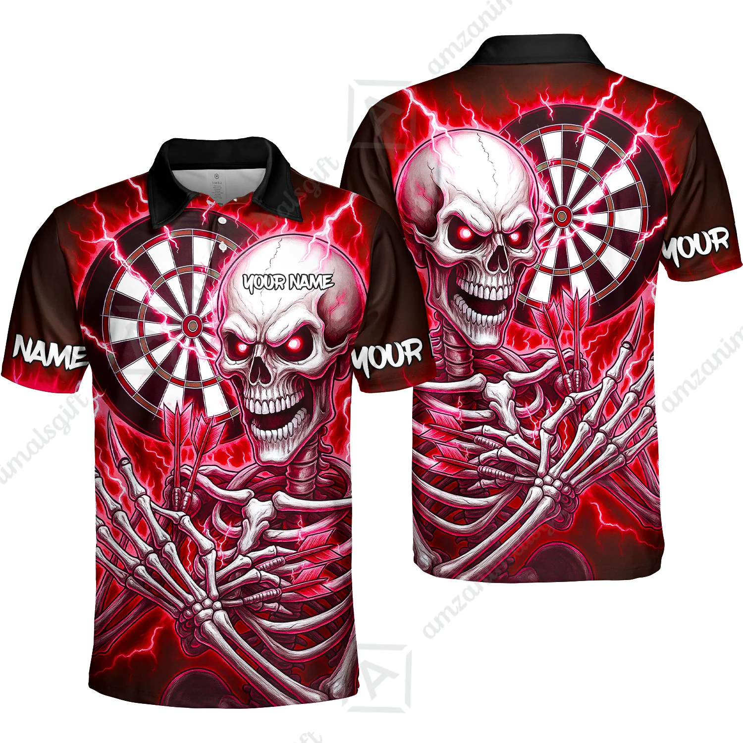 Custom Darts Team Unisex Polo Shirt, Dartboard Electric Skeleton Darts Jersey Polo Quarter-Zip Shirts, Custom Darts Uniforms Jersey - Image 2