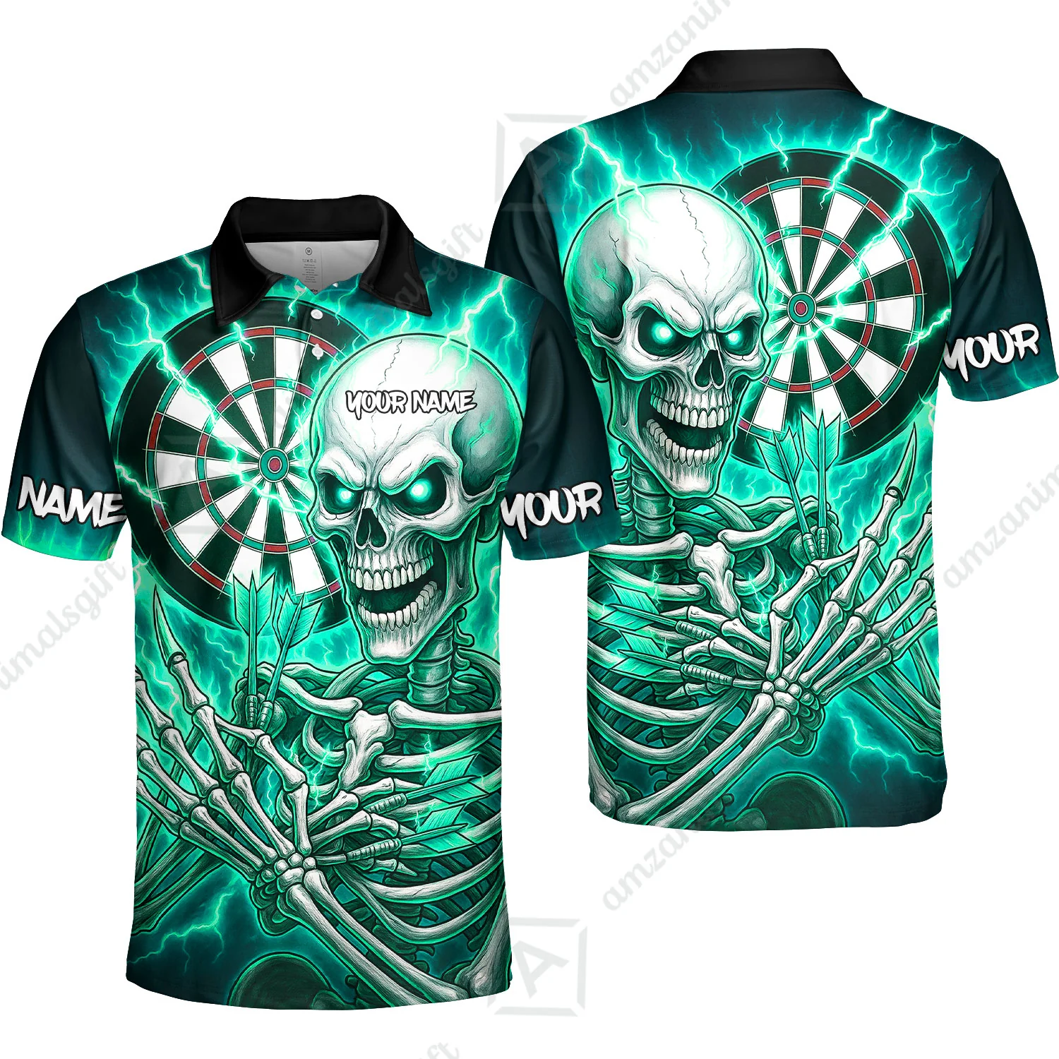Custom Darts Team Unisex Polo Shirt, Dartboard Electric Skeleton Darts Jersey Polo Quarter-Zip Shirts, Custom Darts Uniforms Jersey - Image 3