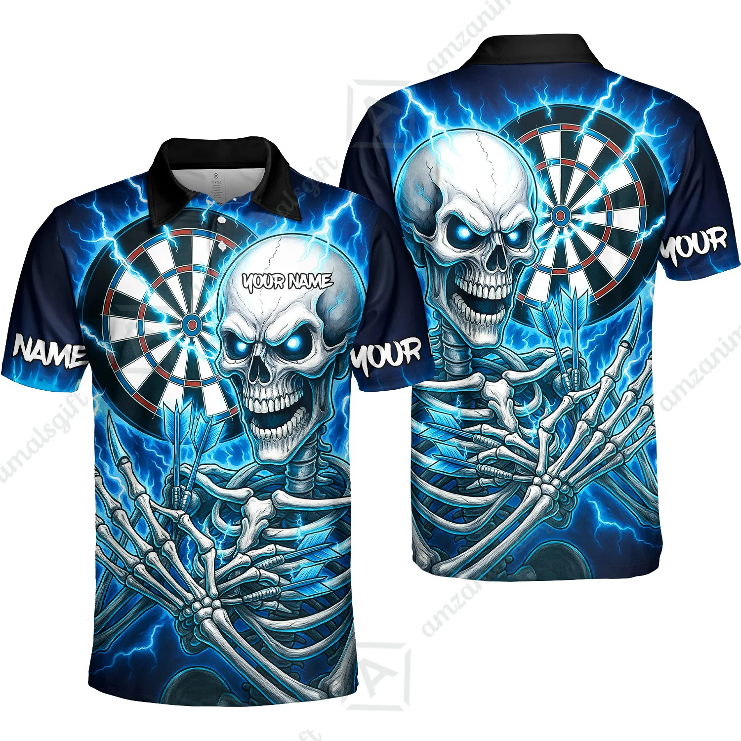 Custom Darts Team Unisex Polo Shirt, Dartboard Electric Skeleton Darts Jersey Polo Quarter-Zip Shirts, Custom Darts Uniforms Jersey - Image 4