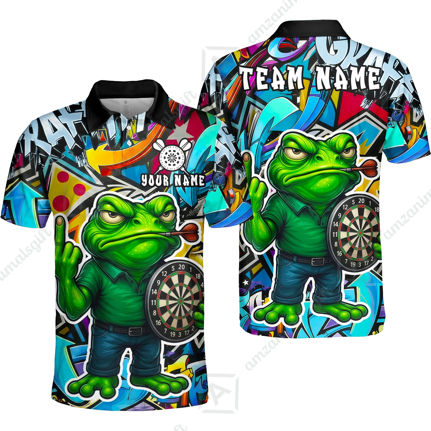 Custom Darts Team Uniform Jersey Darts, Cartoon Offended Frog Dartboard Unisex Polo Shirts, Darts Player Uniform, Personalized Name And Team Name - Image 2