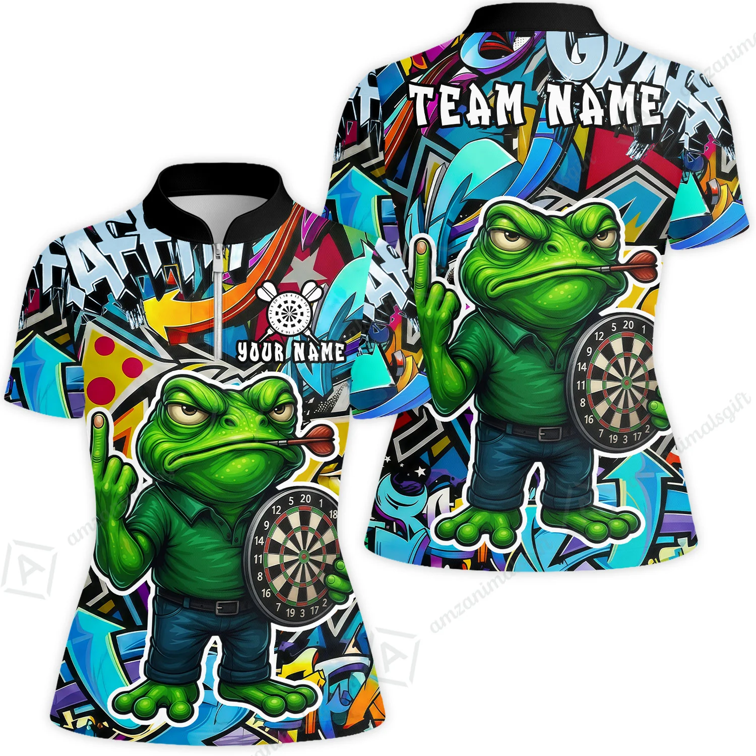 Custom Darts Team Uniform Jersey Darts, Cartoon Offended Frog Dartboard Unisex Polo Shirts, Darts Player Uniform, Personalized Name And Team Name - Image 3