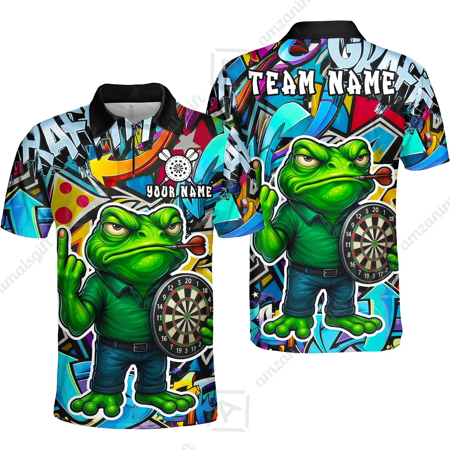 Custom Darts Team Uniform Jersey Darts, Cartoon Offended Frog Dartboard Unisex Polo Shirts, Darts Player Uniform, Personalized Name And Team Name - Image 4