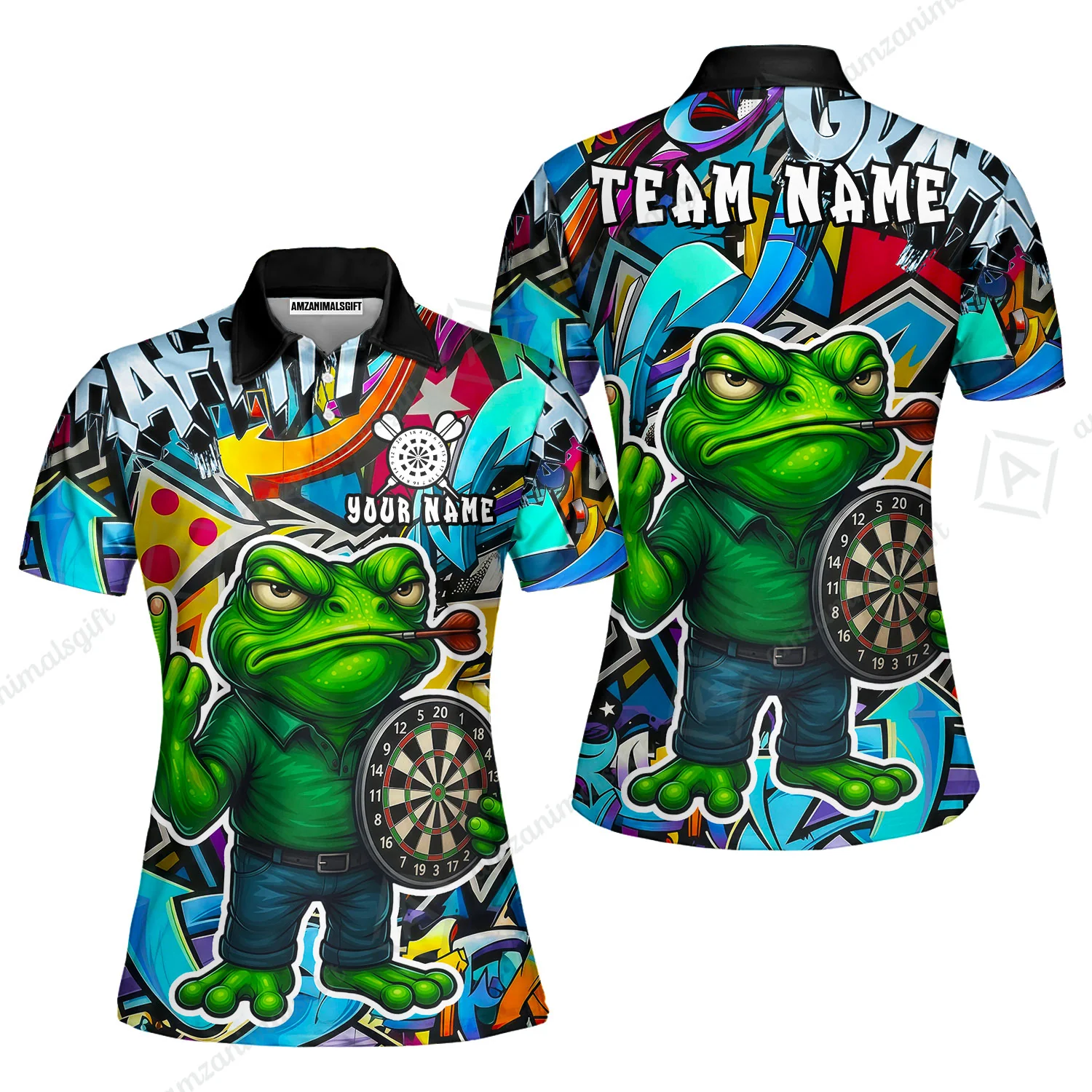 Custom Darts Team Uniform Jersey Darts, Cartoon Offended Frog Dartboard Unisex Polo Shirts, Darts Player Uniform, Personalized Name And Team Name - Image 5