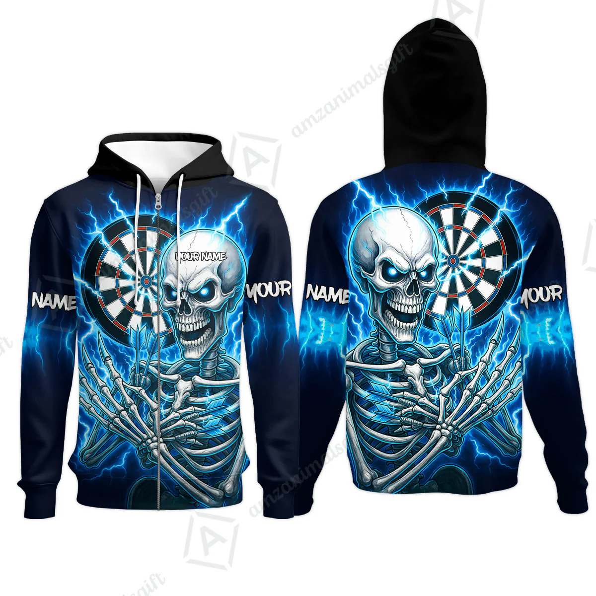Custom Darts Team Zip Hoodie, Dartboard Electric Skeleton Darts Jersey Zip Hoodie, Custom Darts Uniforms Jersey - Image 2