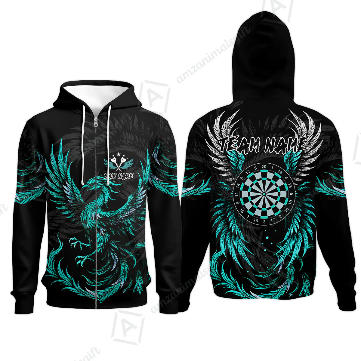 Custom Darts Team Zip Hoodie, Phoenix Dartboard Wings Darts Jersey Zip Hoodie, Custom Name And Team Name Darts Uniforms Jersey - Image 2
