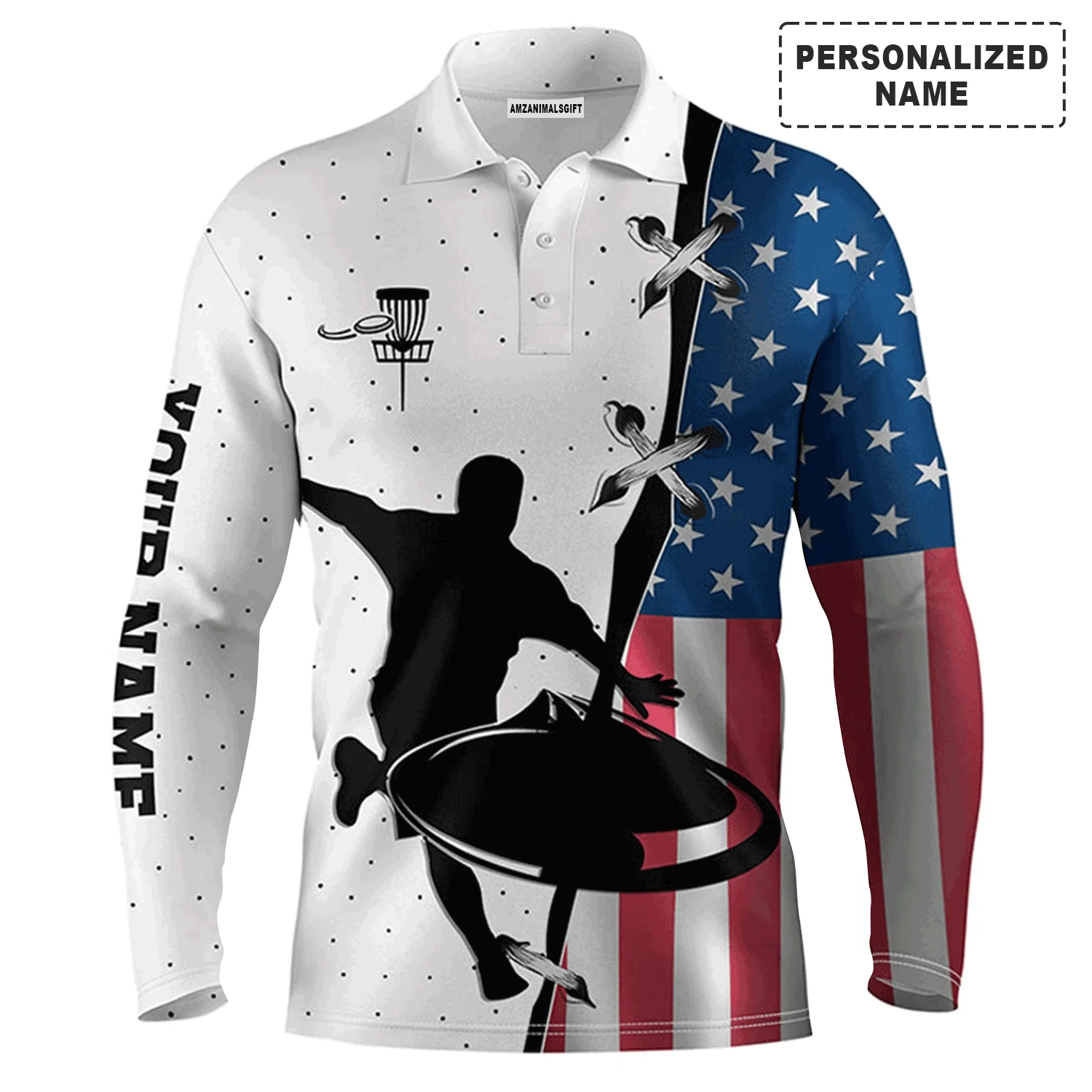 Custom Disc Golf Long Sleeve Men Polo Shirt - Custom Name American Flag Apparel - Personalized Gift For Men, Disc Golf Lover - Image 2