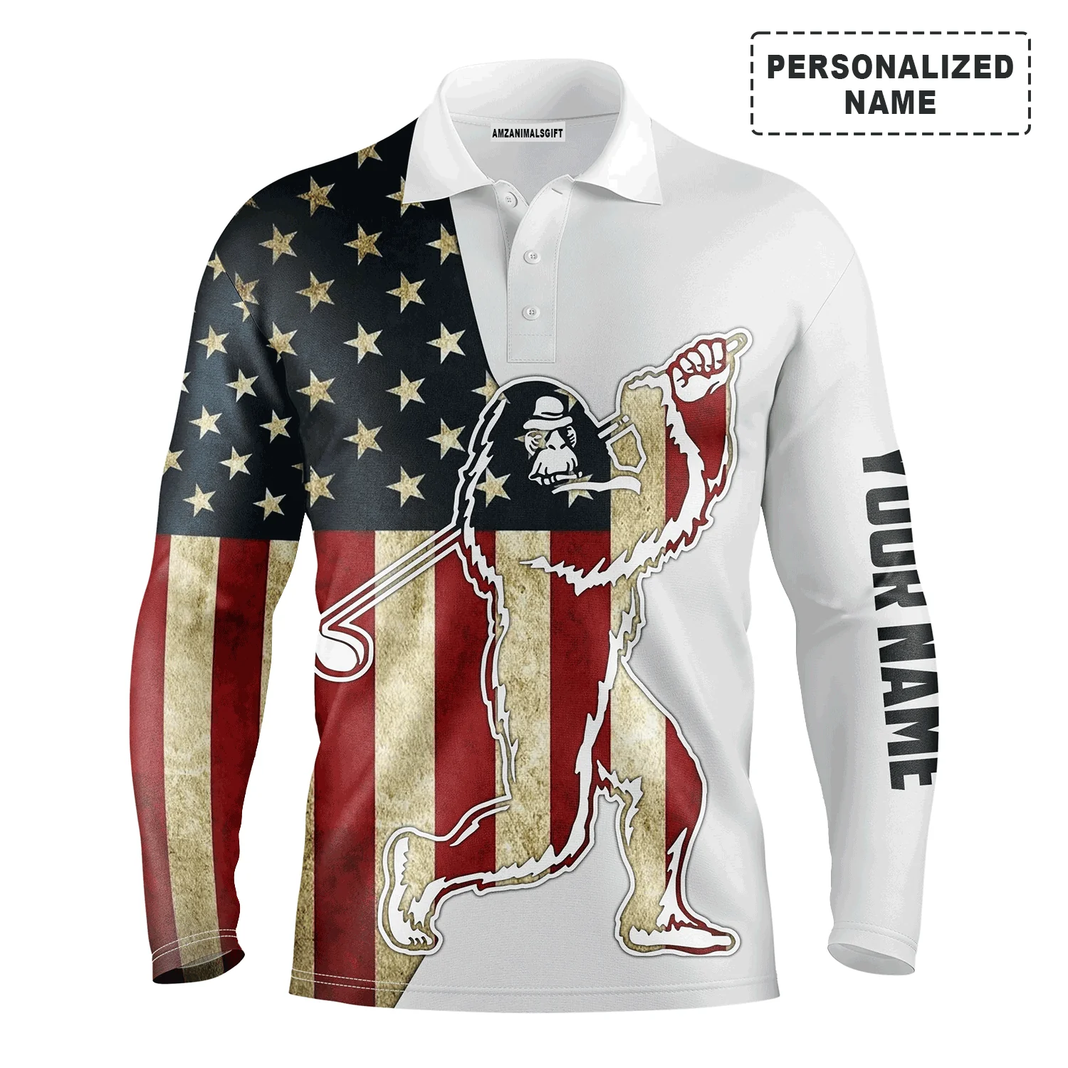Custom Disc Golf Long Sleeve Men Polo Shirt - Custom Name American Flag Sasquatch Playing Apparel Men Polo Shirt - Perfect Polo Shirt For Men - Image 2