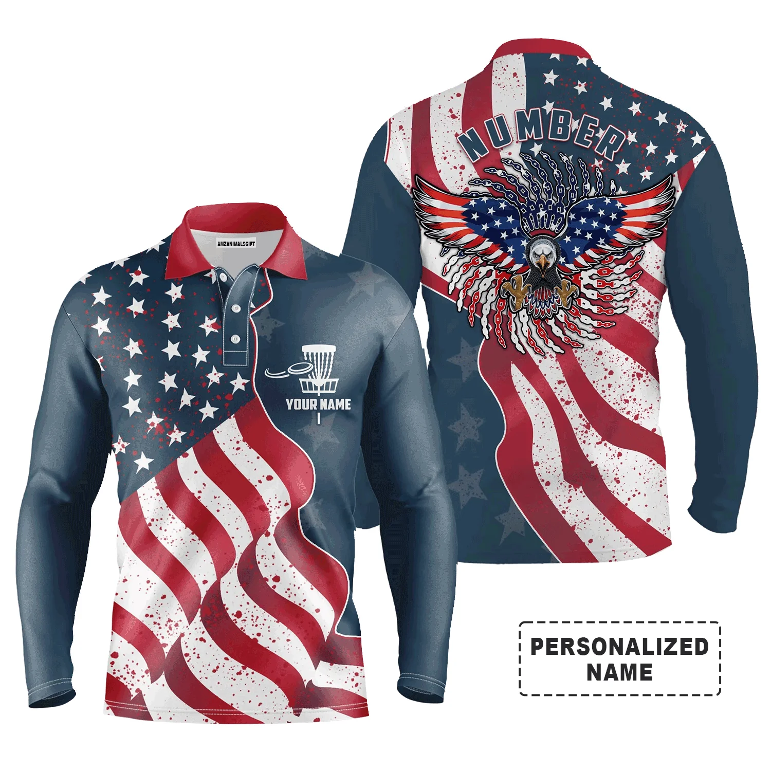 Custom Disc Golf Long Sleeve Men Polo Shirt - Custom Name And Number Eagle American Flag Men Polo Shirt For Men, Disc Golf Lover - Image 2