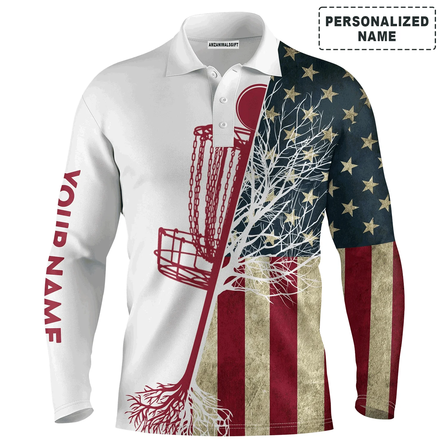 Custom Disc Golf Long Sleeve Men Polo Shirt - Custom Name Vintage American Flag Disc Golf Basket Apparel For Men, Golf Lover - Image 2