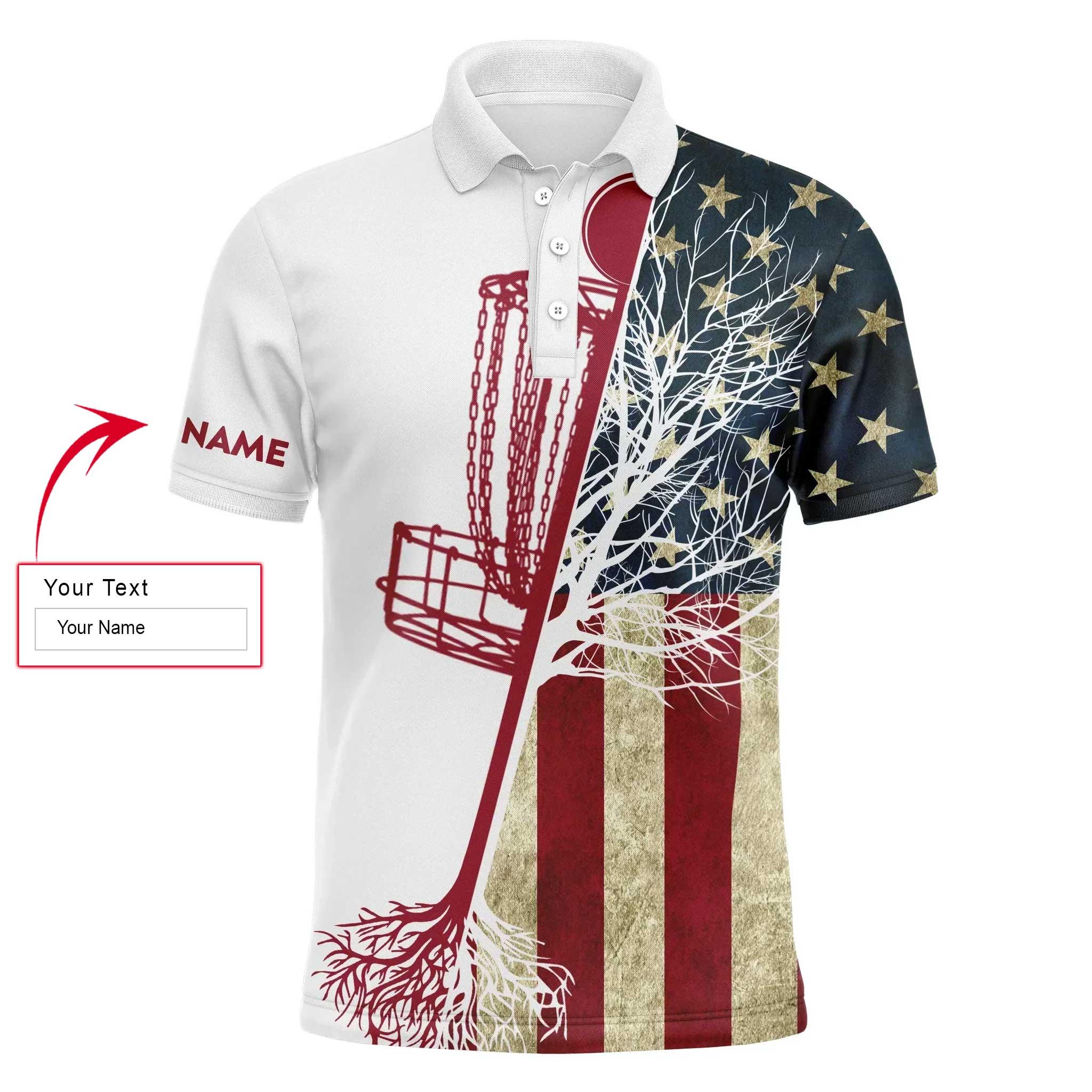 Custom Disc Golf Long Sleeve Men Polo Shirt - Custom Name Vintage American Flag Disc Golf Basket Apparel For Men, Golf Lover - Image 3