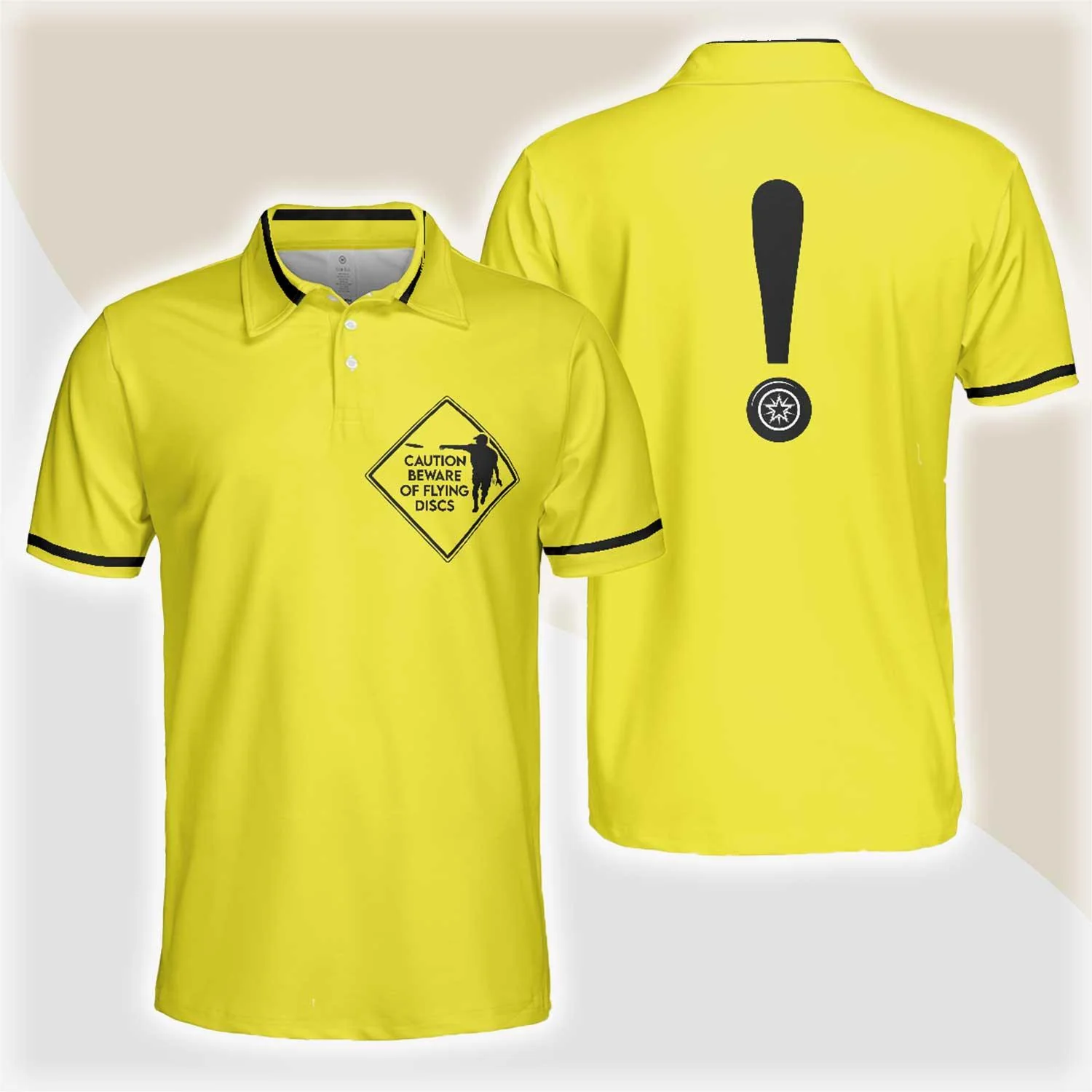 Custom Disc Golf Men Polo Shirt - Caution Beware Of Flying Discs Men Polo Shirt, Yellow Skull Polo Shirt, Best Golf Shirt For Men