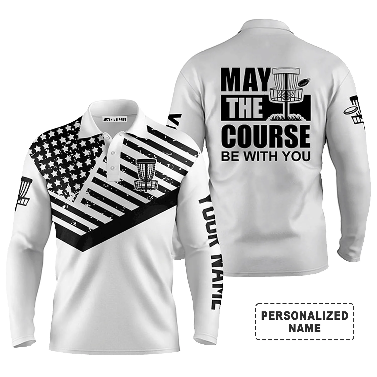 Custom Disc Golf Men Polo Shirt - Custom Name Black White US Flag Apparel, May The Course Be With You Men Polo Shirt - Perfect Polo Shirt For Men - Image 2