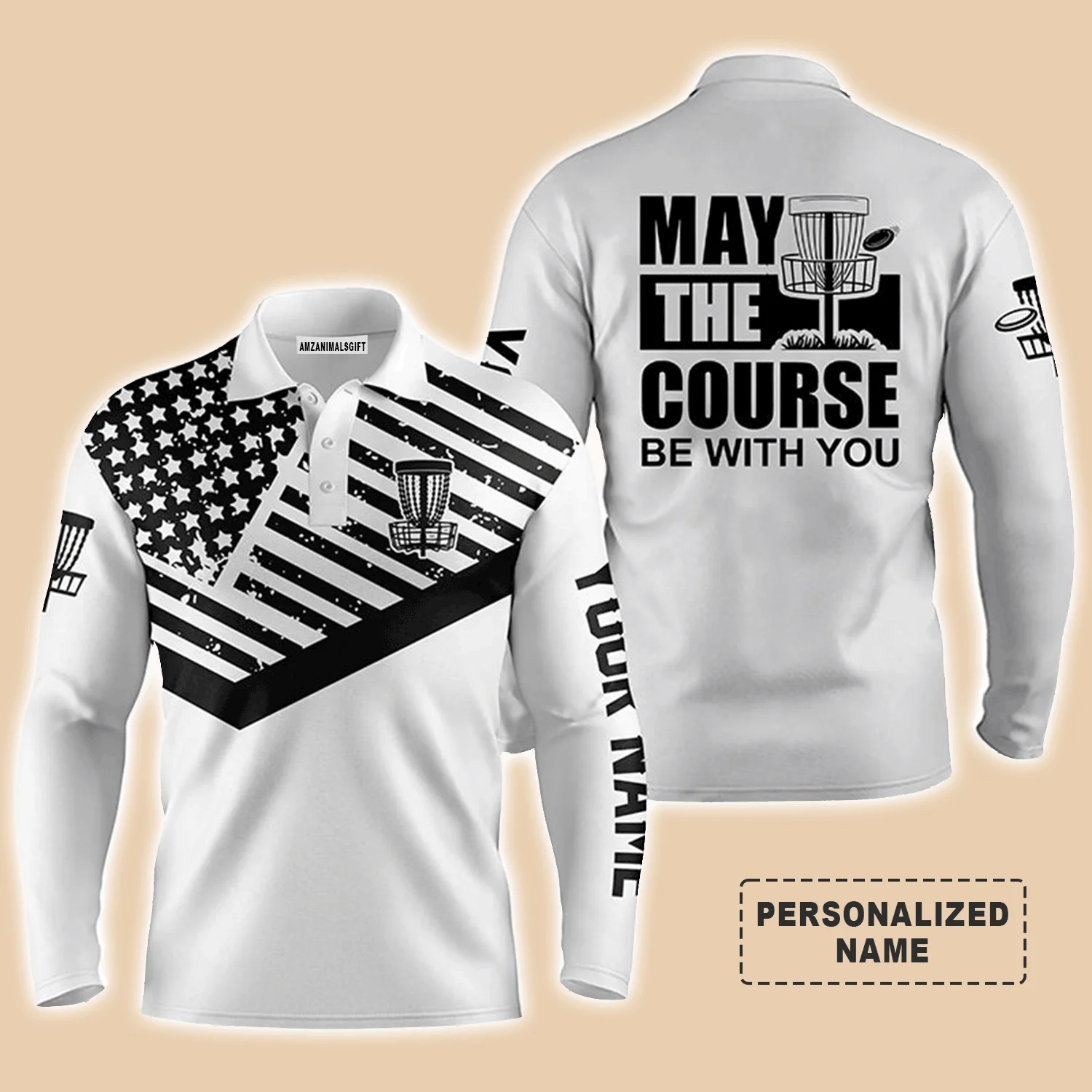 Custom Disc Golf Men Polo Shirt - Custom Name Black White US Flag Apparel, May The Course Be With You Men Polo Shirt - Perfect Polo Shirt For Men - Image 3