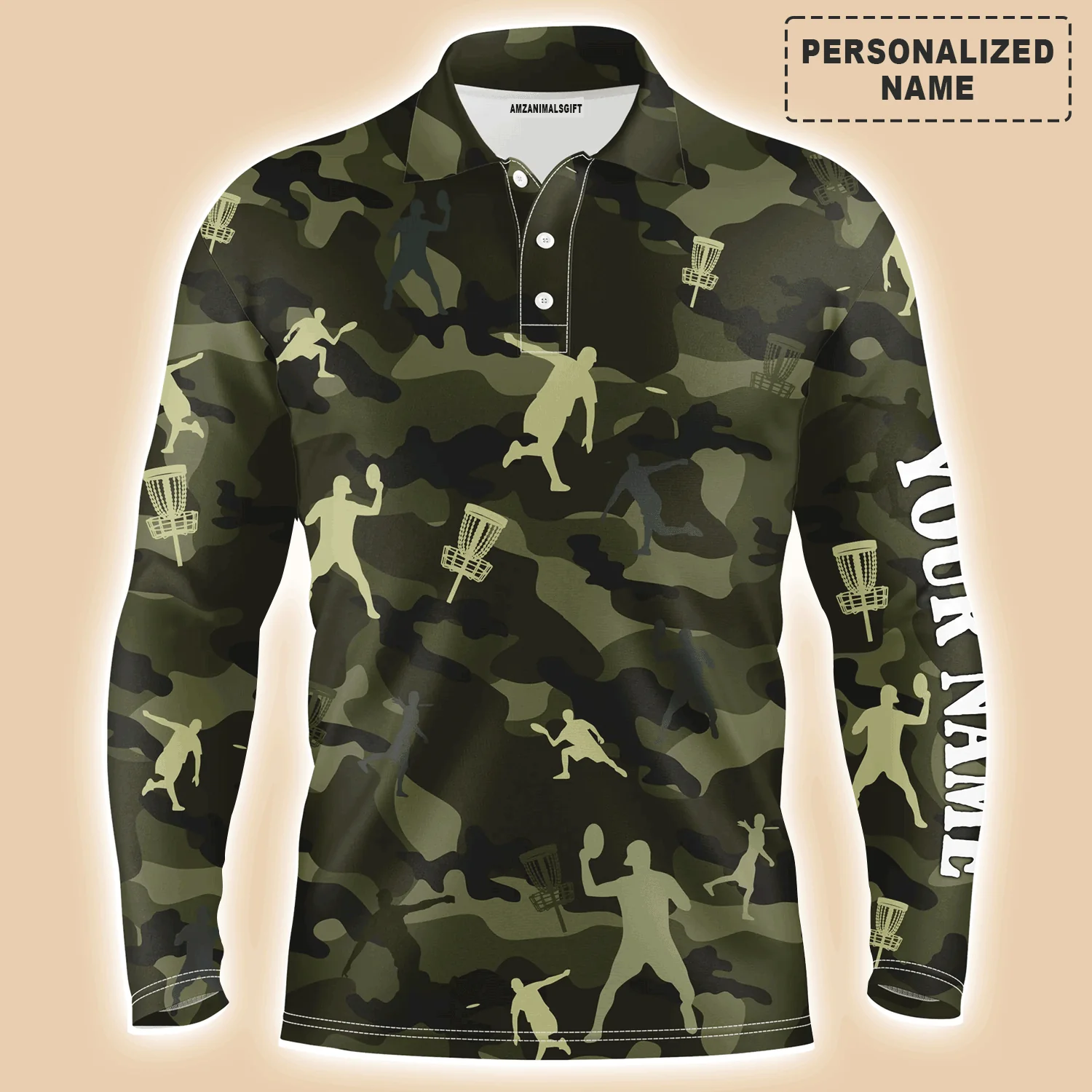 Custom Disc Golf Men Polo Shirt - Custom Name Green Camo Disc Golf Apparel - Personalized Gift For Disc Golf Lover, Men, Husband, Team, Boyfriend - Image 2