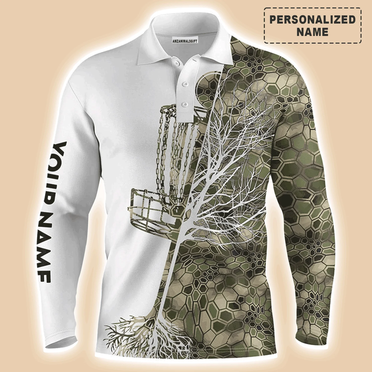 Custom Disc Golf Men Polo Shirt - Custom Name Green Camo Disc Golf Basket Apparel - Personalized Gift For Golf Lover, Men, Husband, Team, Boyfriend - Image 3