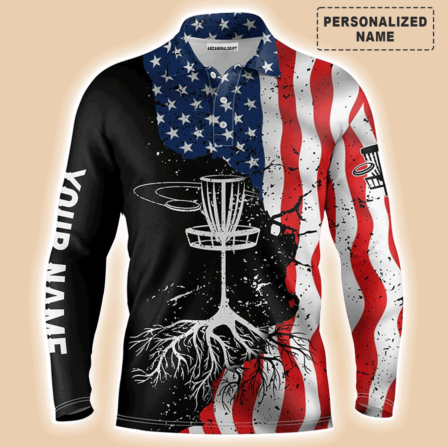 Custom Disc Golf Men Polo Shirt - Custom Name Vintage American Flag Apparel - Personalized Gift For Disc Golf Lover, Team, Patriotic, 4th July - Image 2