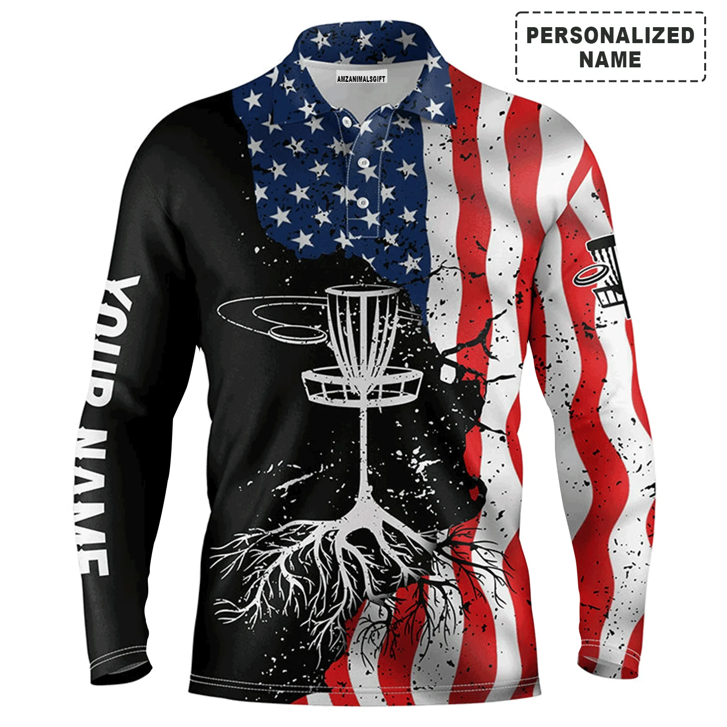Custom Disc Golf Men Polo Shirt - Custom Name Vintage American Flag Apparel - Personalized Gift For Disc Golf Lover, Team, Patriotic, 4th July - Image 3