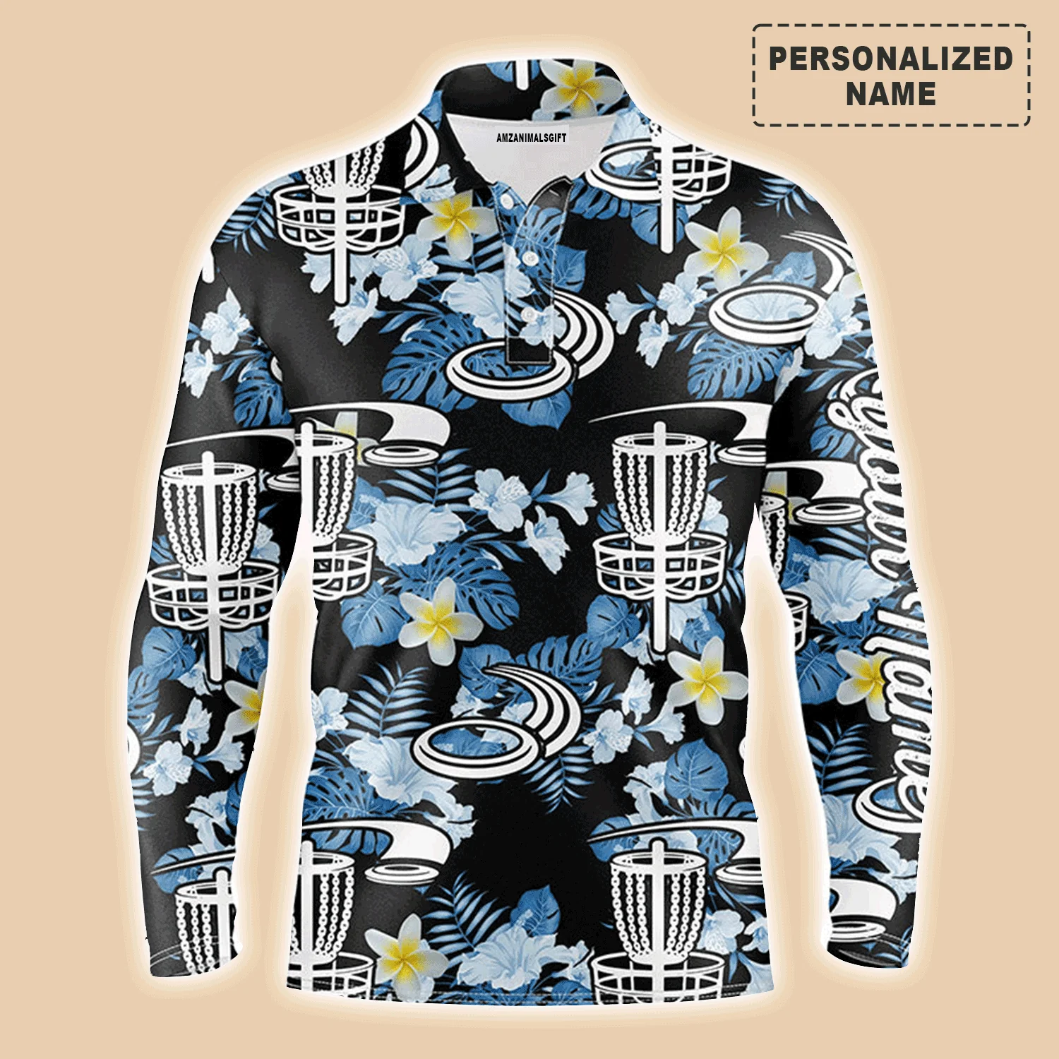 Custom Disc Golf Men Polo Shirt - Disc Golf Hole Basket Blue Leaf Flower Pattern Custom Name Apparel - Personalized Gift For Disc Golf Lover, Team - Image 2