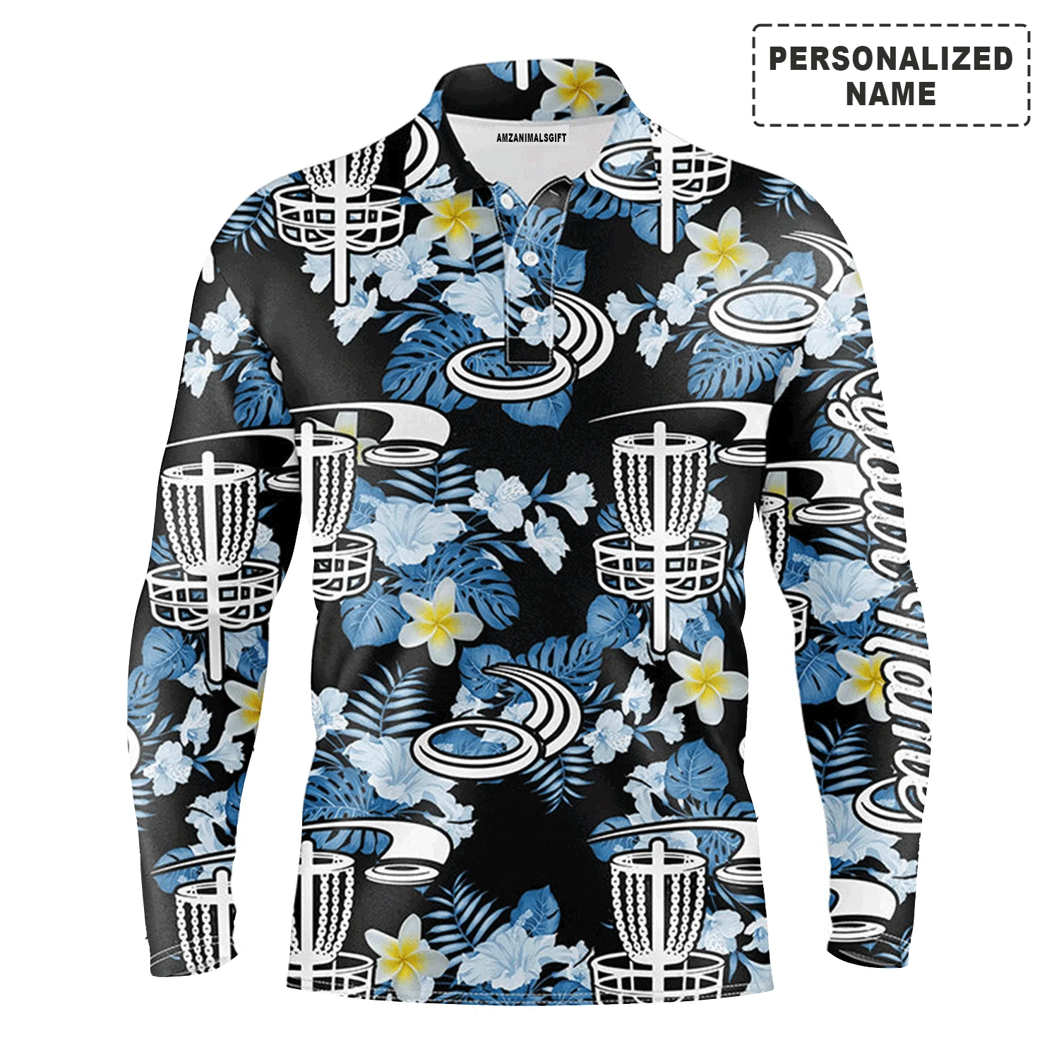 Custom Disc Golf Men Polo Shirt - Disc Golf Hole Basket Blue Leaf Flower Pattern Custom Name Apparel - Personalized Gift For Disc Golf Lover, Team - Image 3