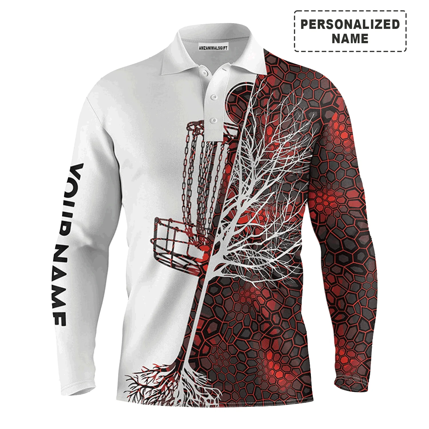 Custom Disc Golf Men Polo Shirt - Funny Custom Name Red Camo Disc Golf Basket Apparel - Personalized Gift For Men, Disc Golf Lover - Image 3