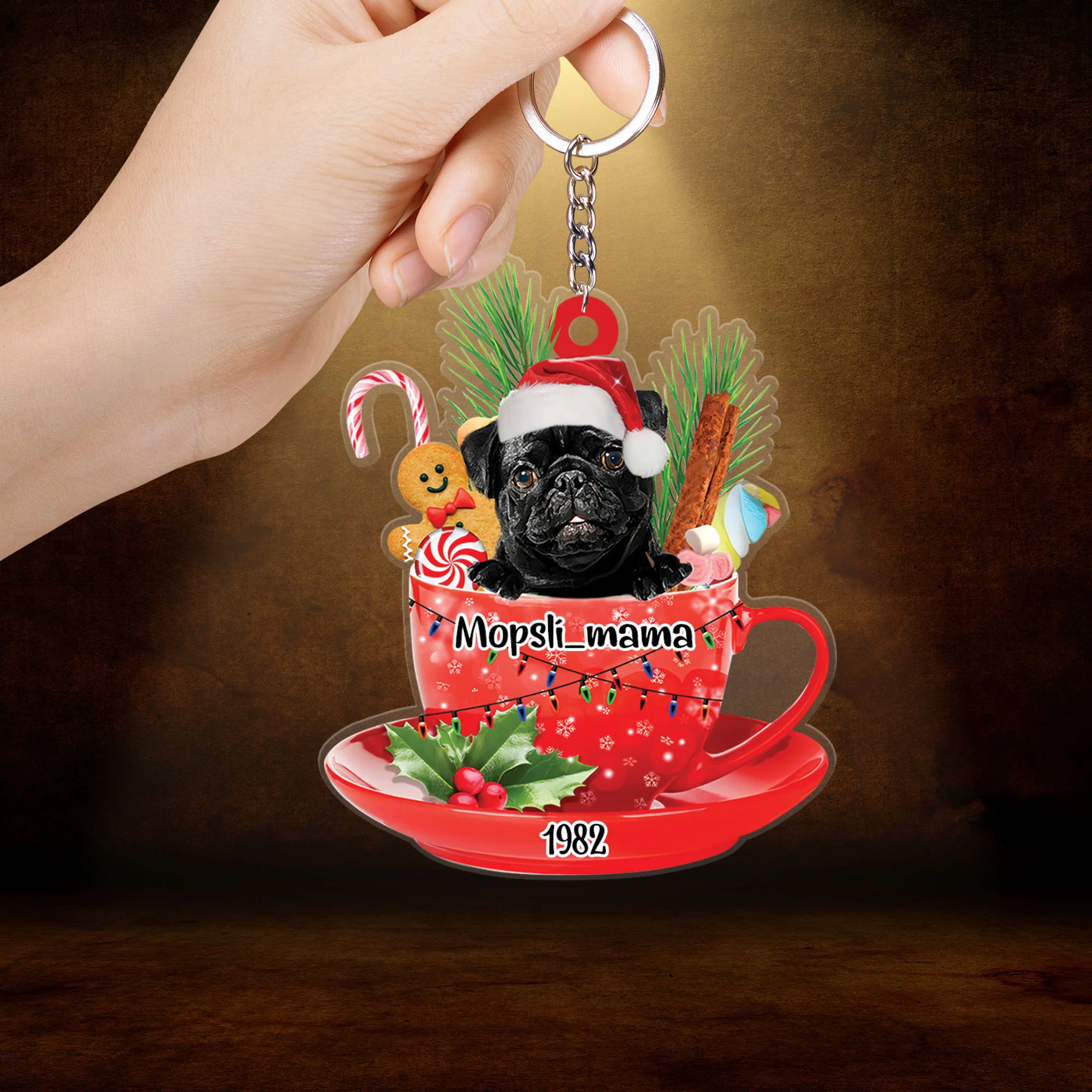 Custom Dog Acrylic Christmas Keychain, Personalized Black Pug In Cup Merry Acrylic Keychain For Dog Lovers, Dog Christmas Gift - Image 2