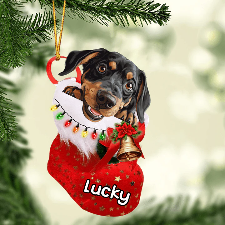 Custom Dog Acrylic Christmas Ornament, Personalized Austrian Black and Tan Hound in Christmas Stocking Acrylic Ornament for Dog Lover