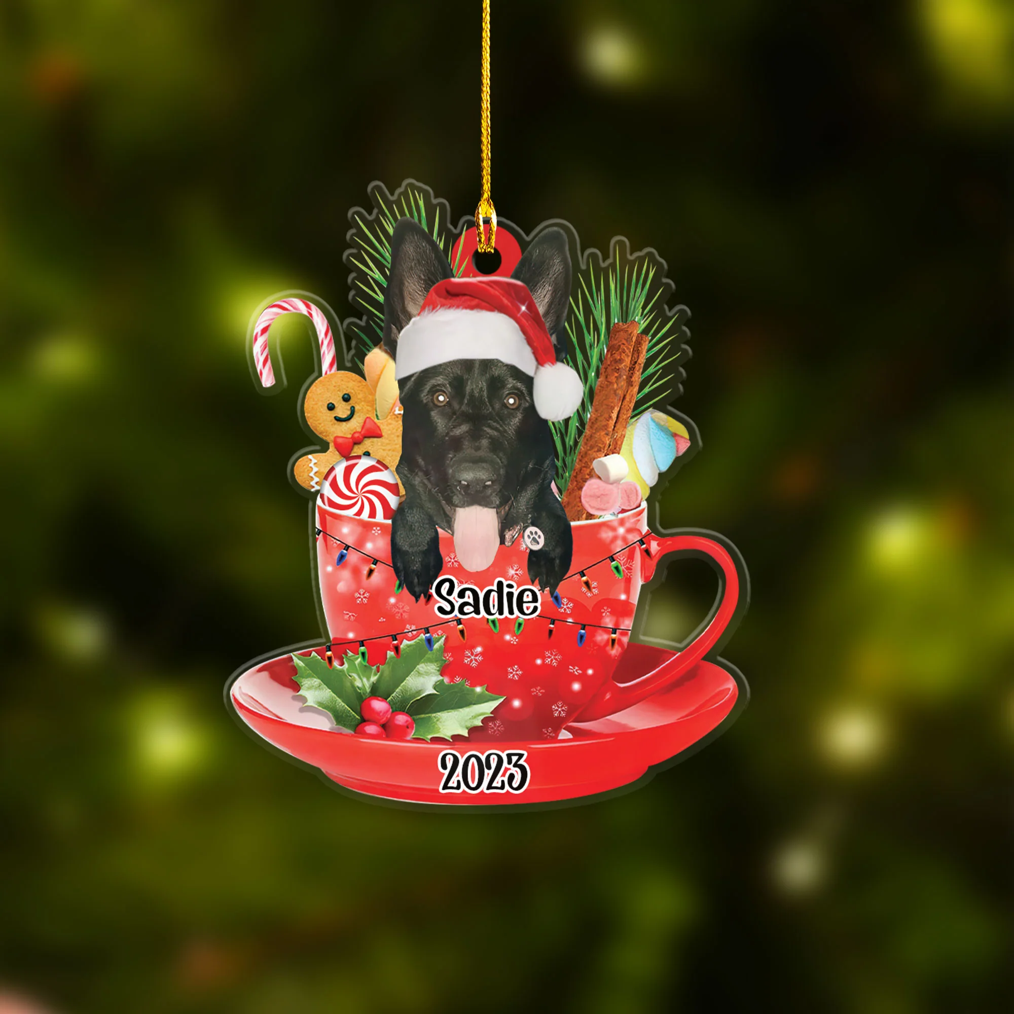 Custom Dog Christmas Car Ornament, Personalized Black German Shepherd In Red Cup Car Ornament for Dog Lover, Christmas, New Year - Image 4