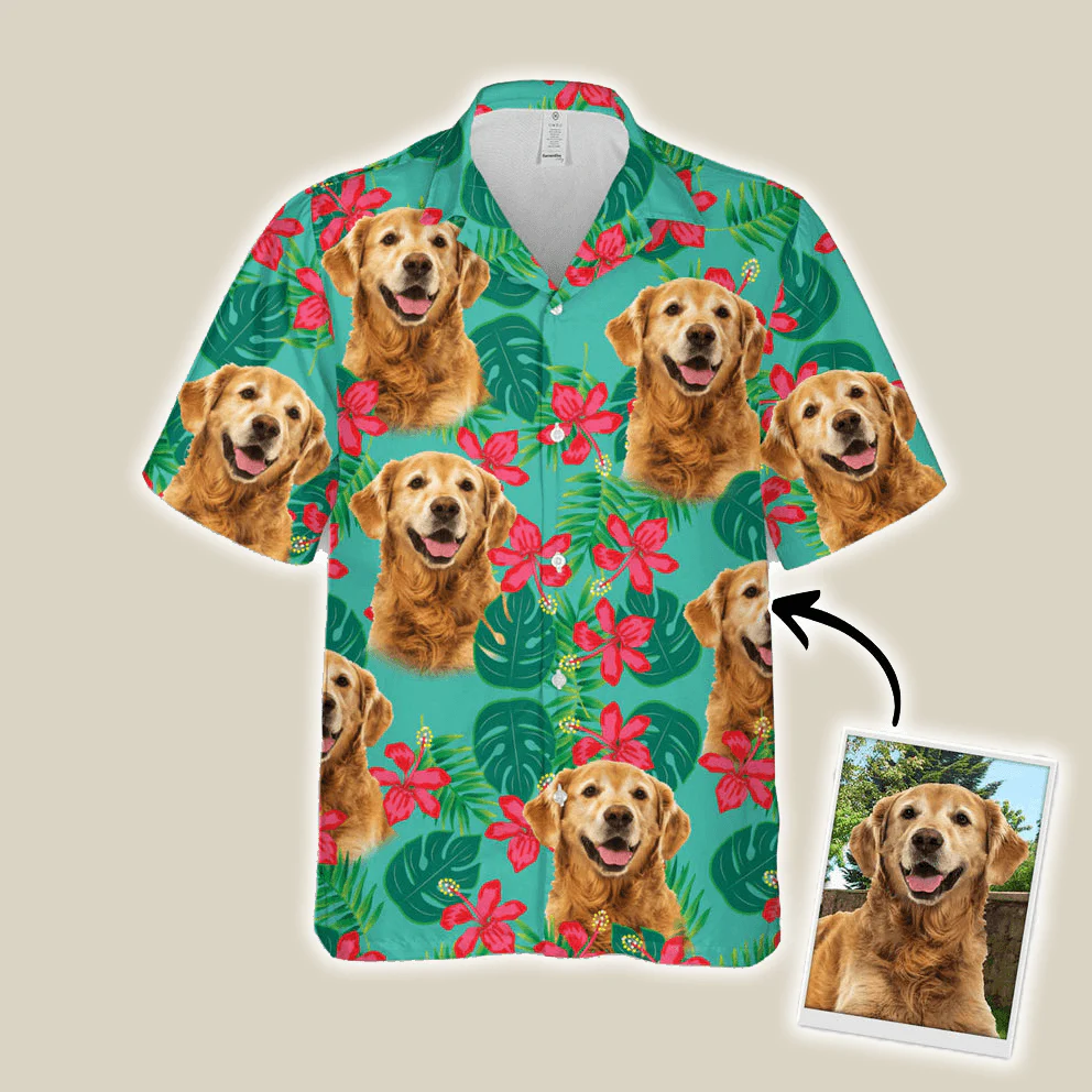 Custom Dog Face Hawaiian Shirt -  Leaves & Flowers Pattern Mint Color Aloha Shirt - Personalized Hawaiian Shirt For Men & Women, Dog Lovers - Image 2