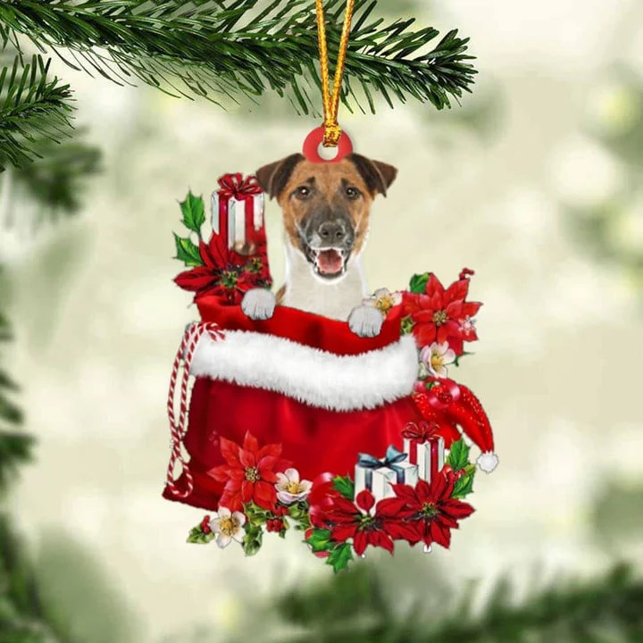 Custom Fox Terrier In Red Gift Bag Acrylic Christmas Ornament, Personalized Name Christmas Gift For Dog Lovers, Dog Mom - Image 2