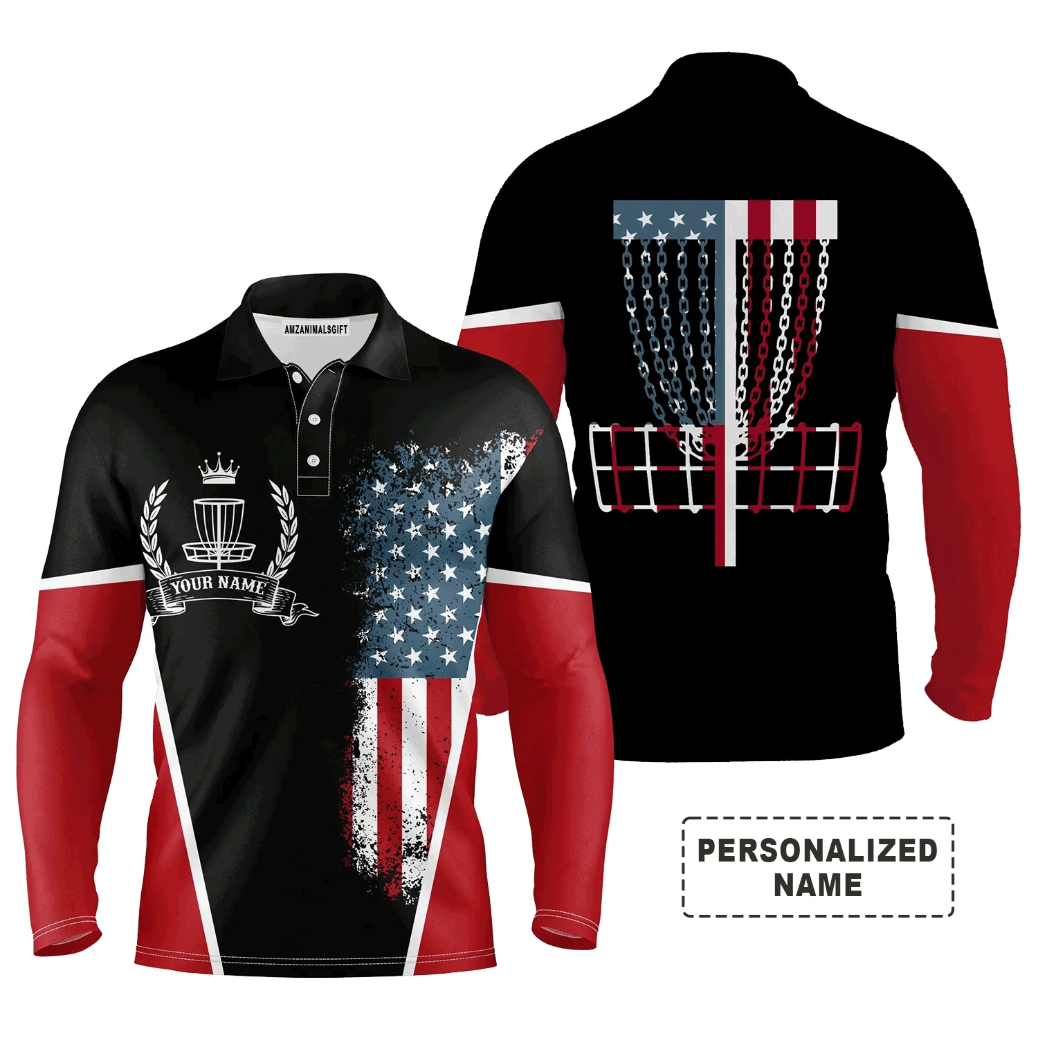 Custom Golf Disc Long Sleeve Men Polo Shirt - Custom Name American Flag with Disc Golf Basket Apparel - Best Gift For Men, Disc Golf Lover - Image 2