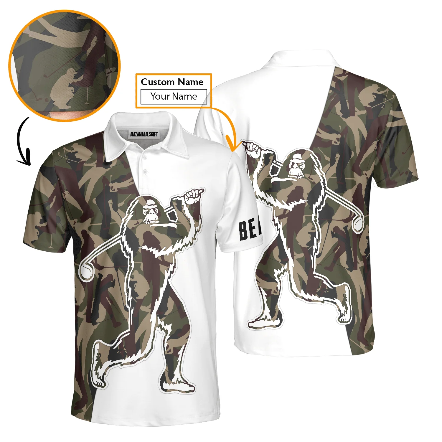 Custom Golf Hawaiian Shirt - Funny Bigfoot Golf Hawaiian Shirt, Camo Pattern Custom Name Sasquatch Playing Golf Apparel - Image 8