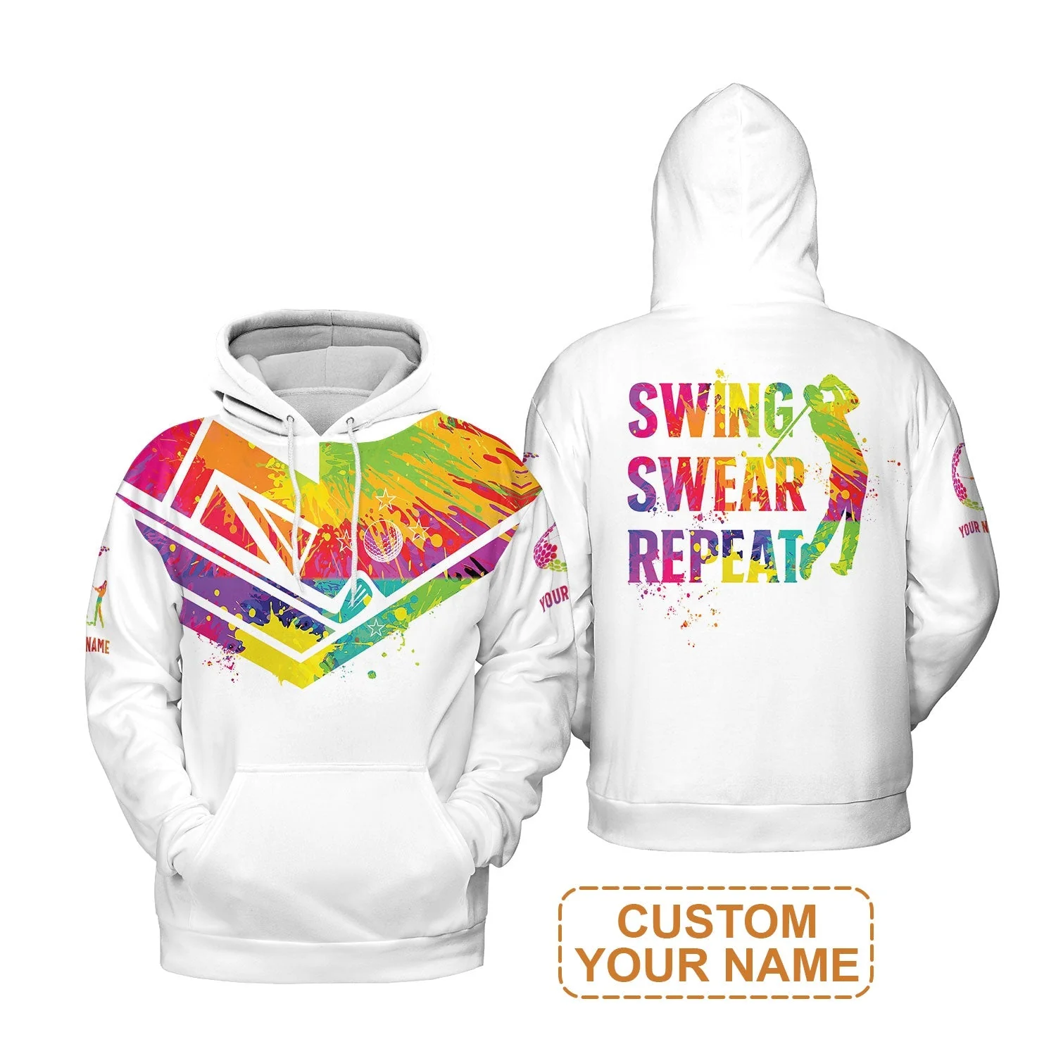 Custom Golf Hoodie - Watercolor New Zealand Flag Custom Name White Apparel, Swing Swear Repeat Hoodie - Perfect Shirt For Men