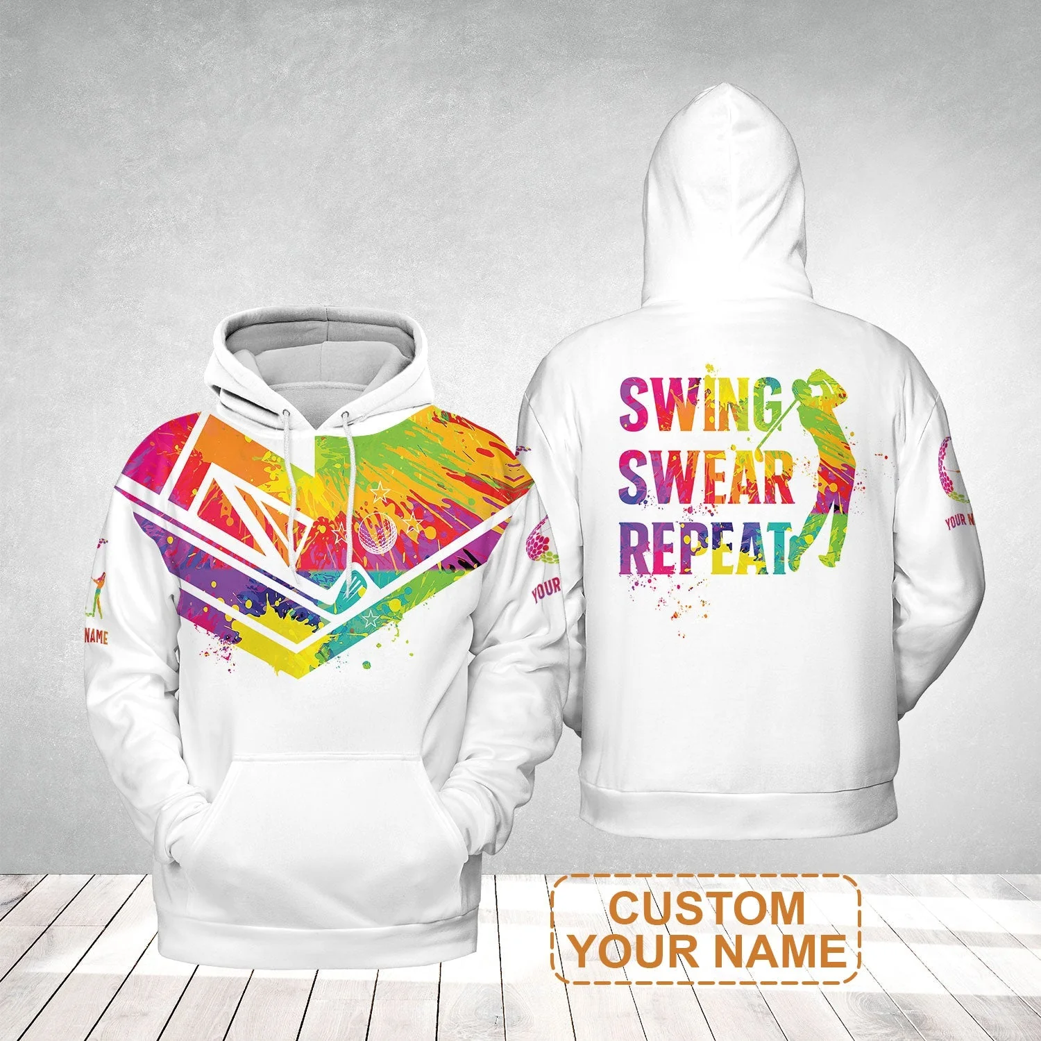 Custom Golf Hoodie - Watercolor New Zealand Flag Custom Name White Apparel, Swing Swear Repeat Hoodie - Perfect Shirt For Men - Image 2