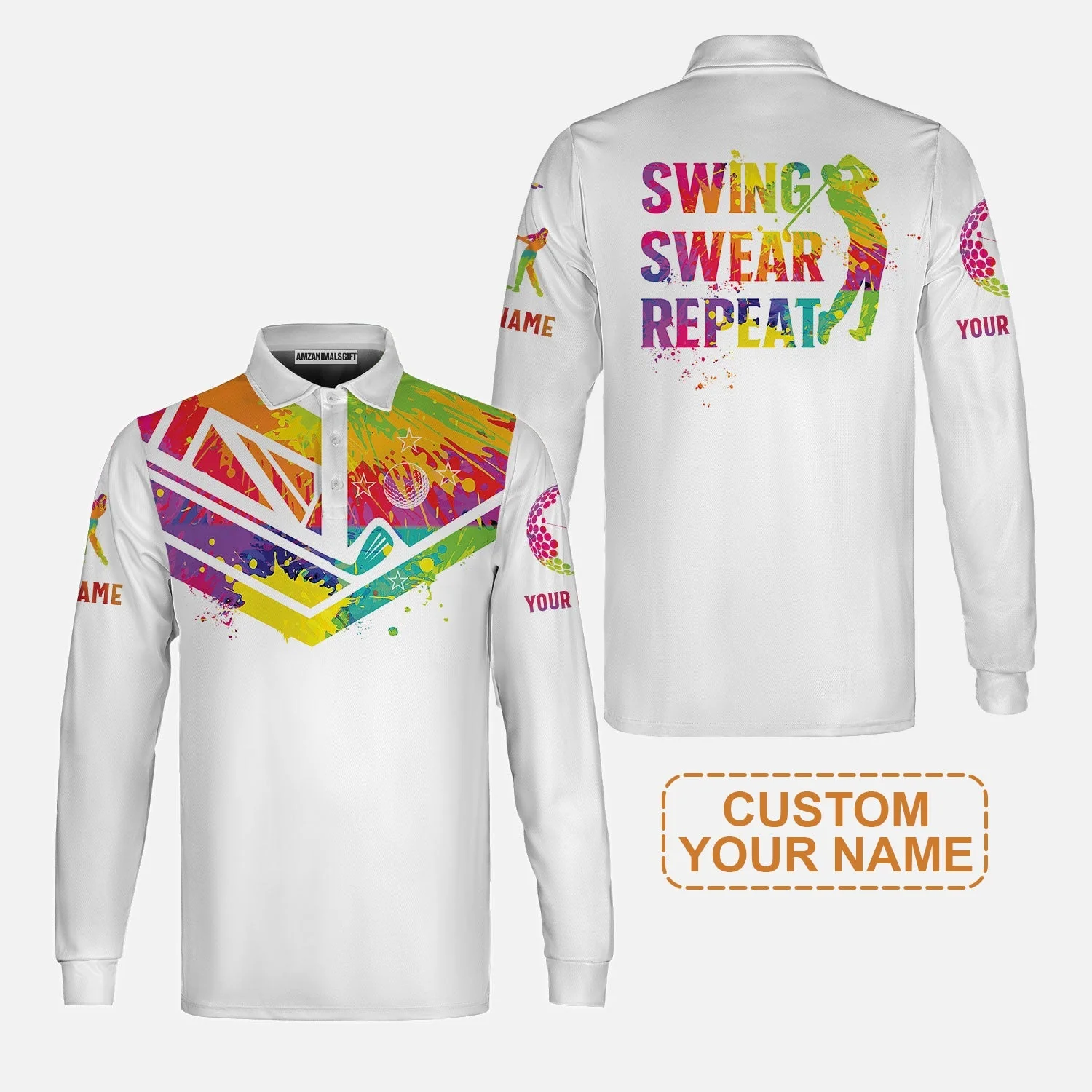 Custom Golf Hoodie - Watercolor New Zealand Flag Custom Name White Apparel, Swing Swear Repeat Hoodie - Perfect Shirt For Men - Image 3