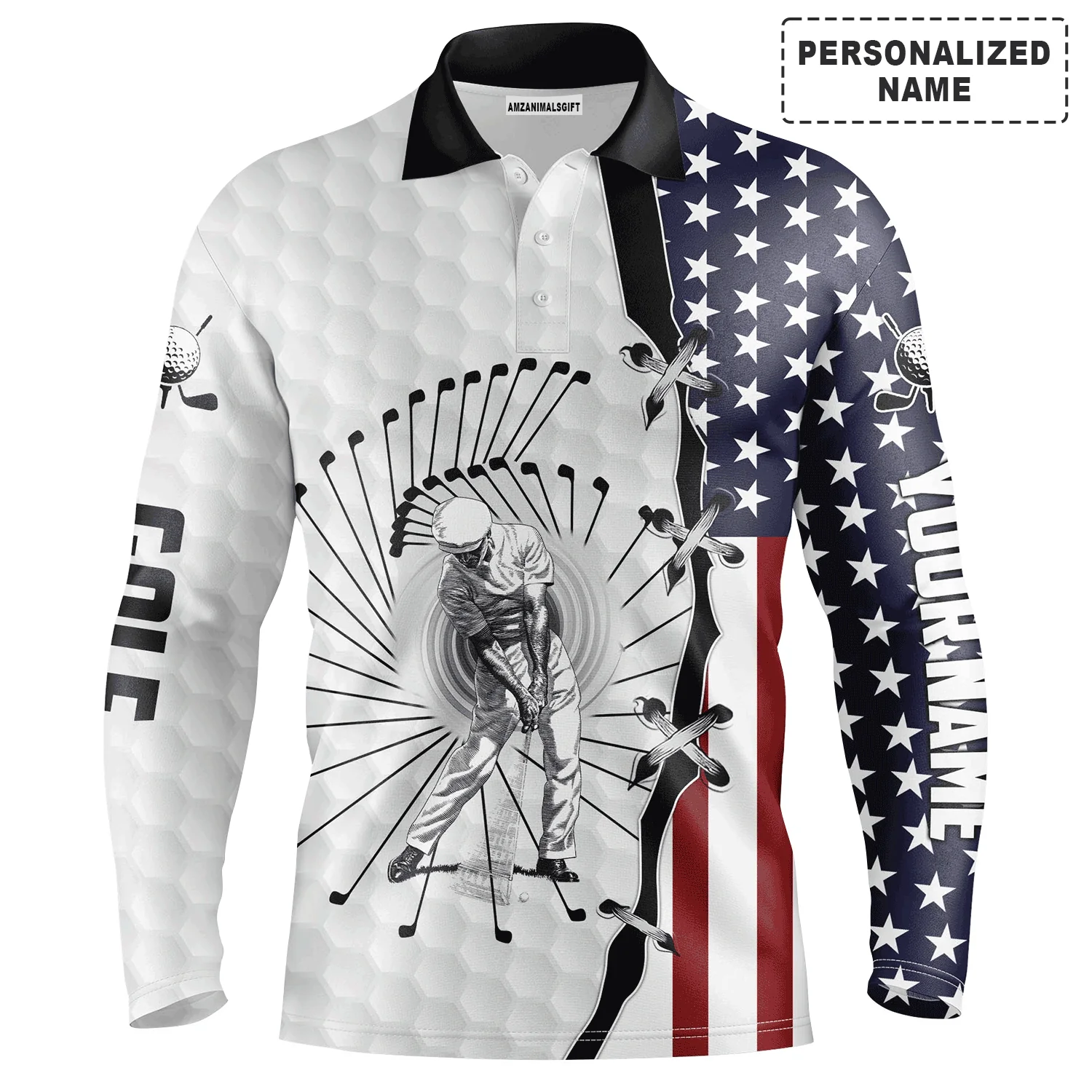 Custom Golf Long Sleeve Men Polo Shirt - American Flag Apparel - Personalized Gift For Men, Golf Lover, Husband,  Boyfriend, 4th Of July - Image 2