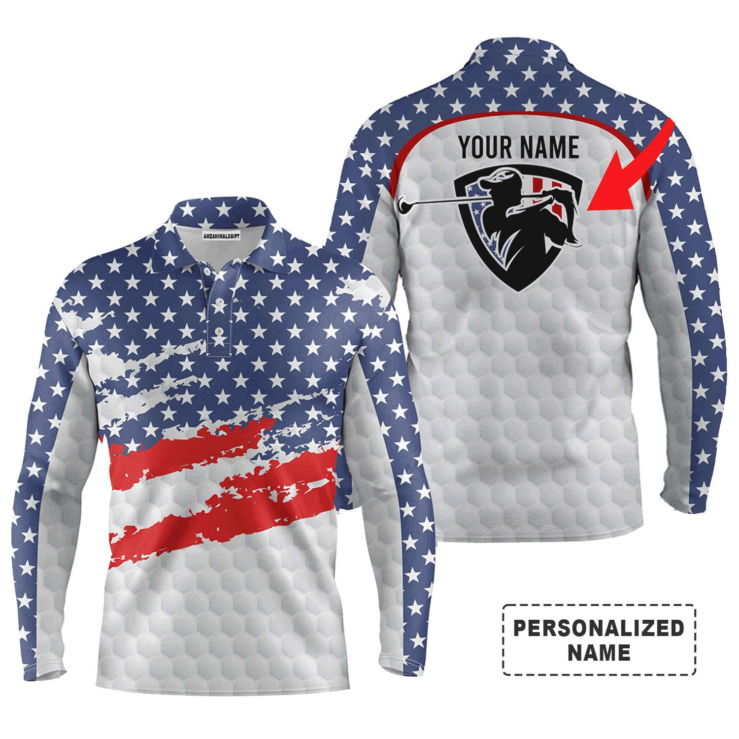 Custom Golf Long Sleeve Men Polo Shirt - American Flag Custom Name And Logo Team Golf Men Polo Shirt For Golf Lover - Image 2
