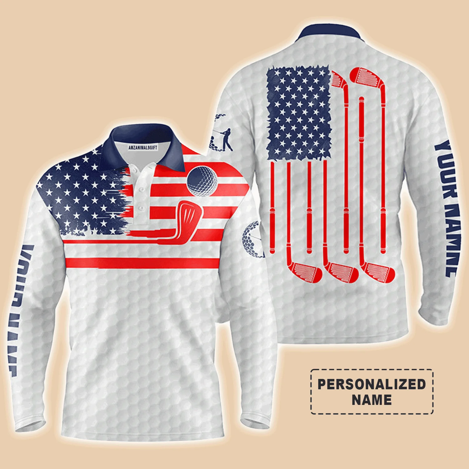 Custom Golf Long Sleeve Men Polo Shirt - American Flag Custom Name Multicolor Apparel Men Golf Polo Shirt - Perfect Polo Shirt For Men, Golf Lover - Image 3