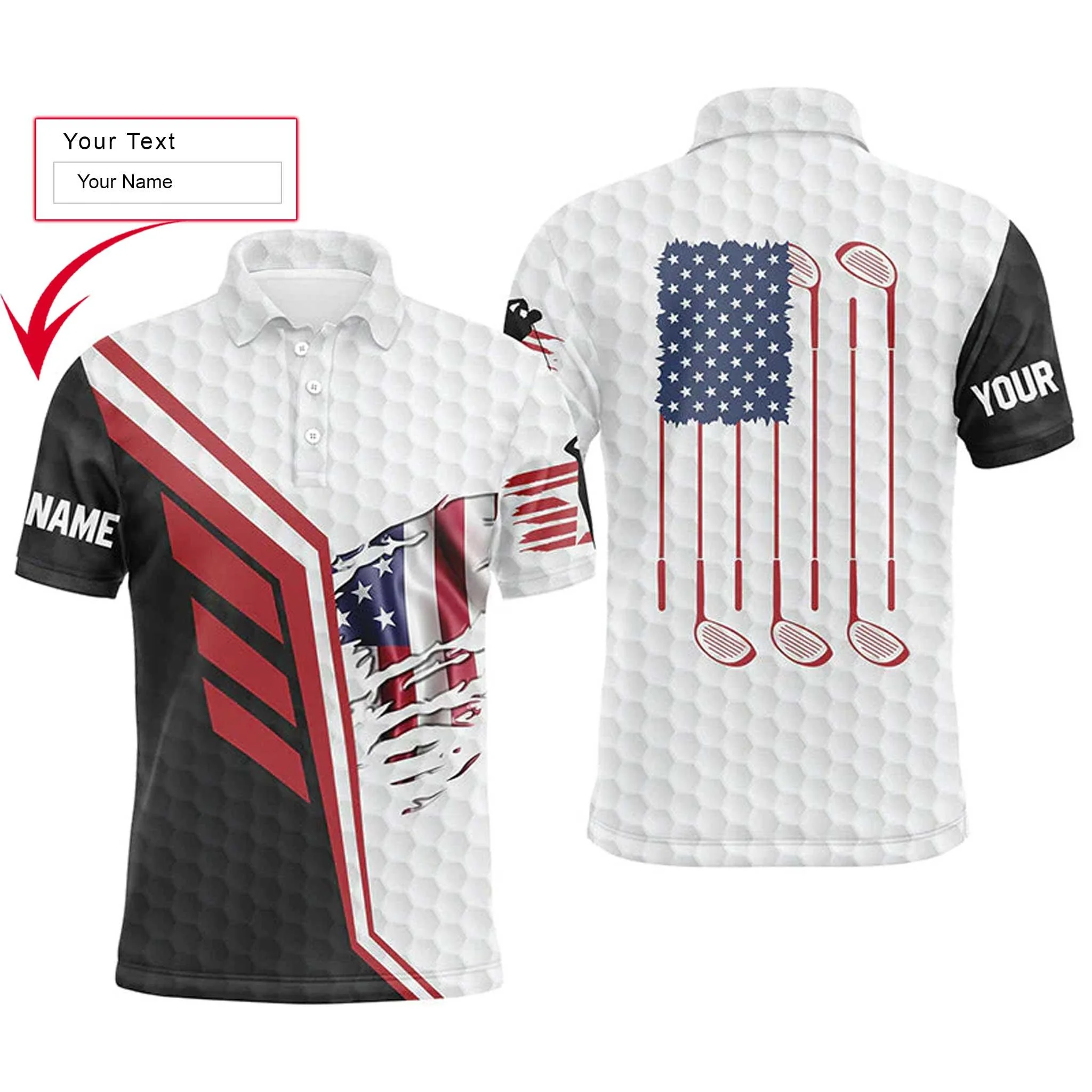 Custom Golf Long Sleeve Men Polo Shirt - American Flag Golf Clubs White Golf Balls Skin Custom Name Men Golf Polo Shirt - Perfect Polo Shirt For Men - Image 3